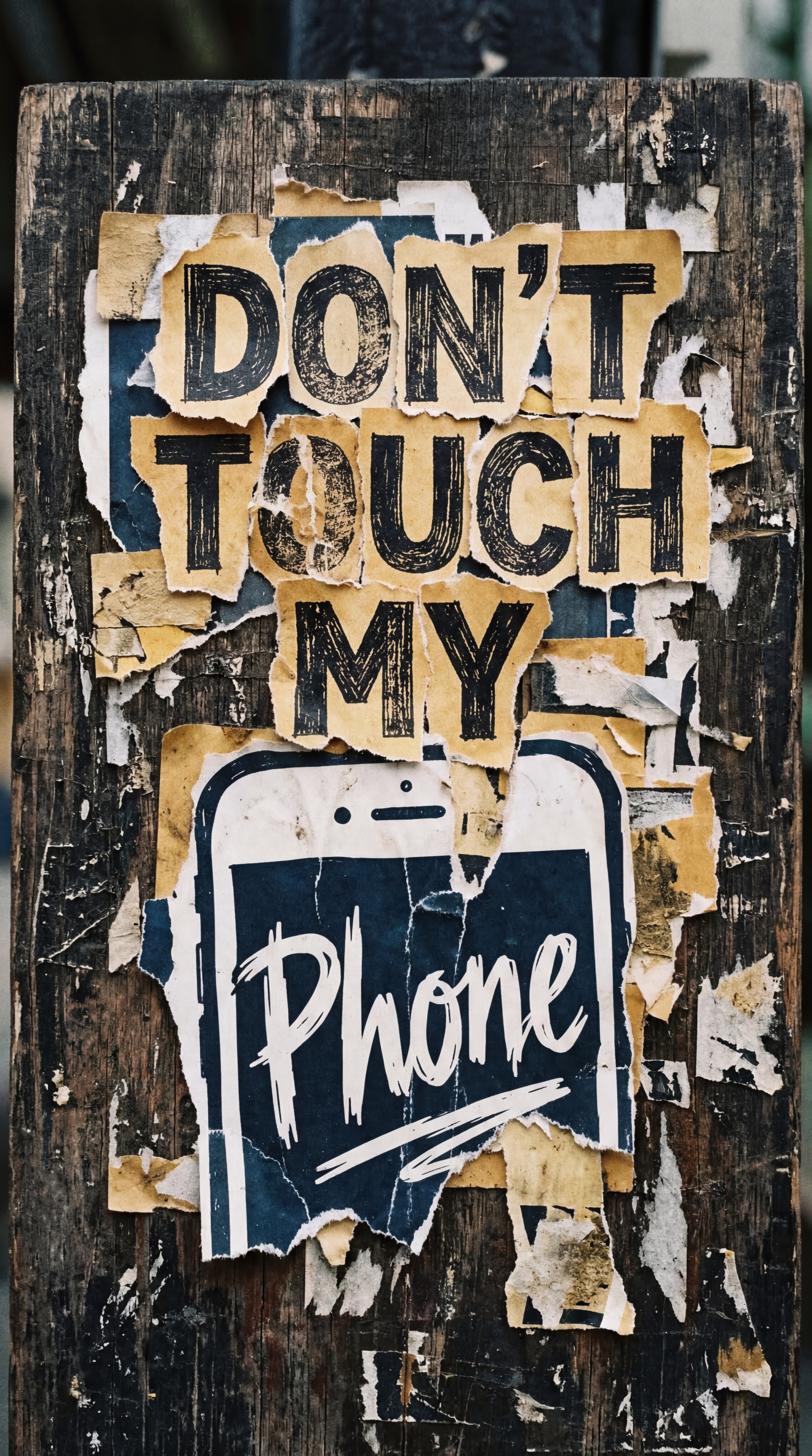 Phone wallpaper showing a weathered, torn poster on wood that reads DON'T TOUCH MY Phone in bold, distressed lettering with ripped paper edges.