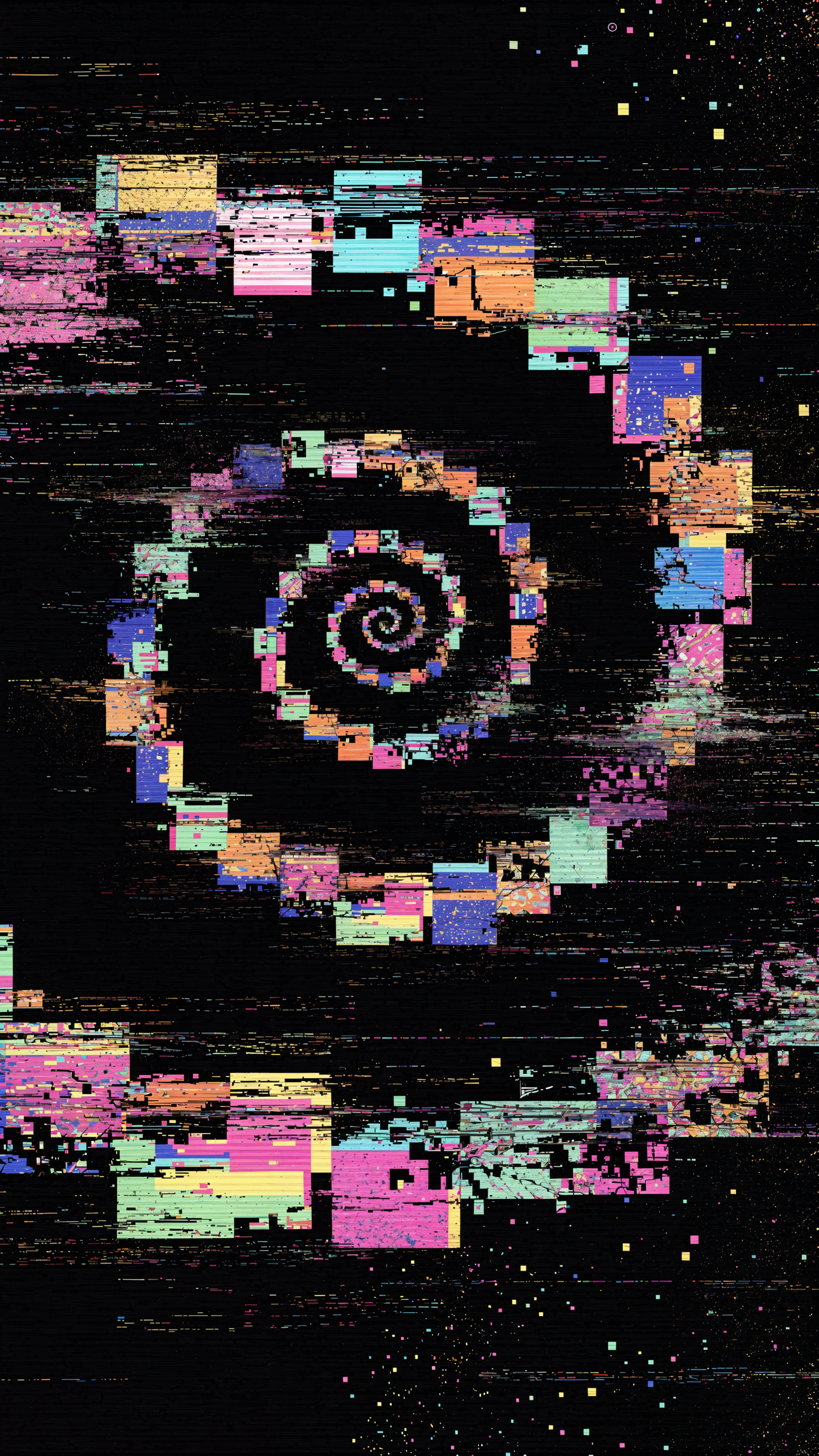 Phone wallpaper: glitchy neon pixel blocks and pastel squares forming a Fibonacci spiral on a black background, with scattered static and digital artifacts.