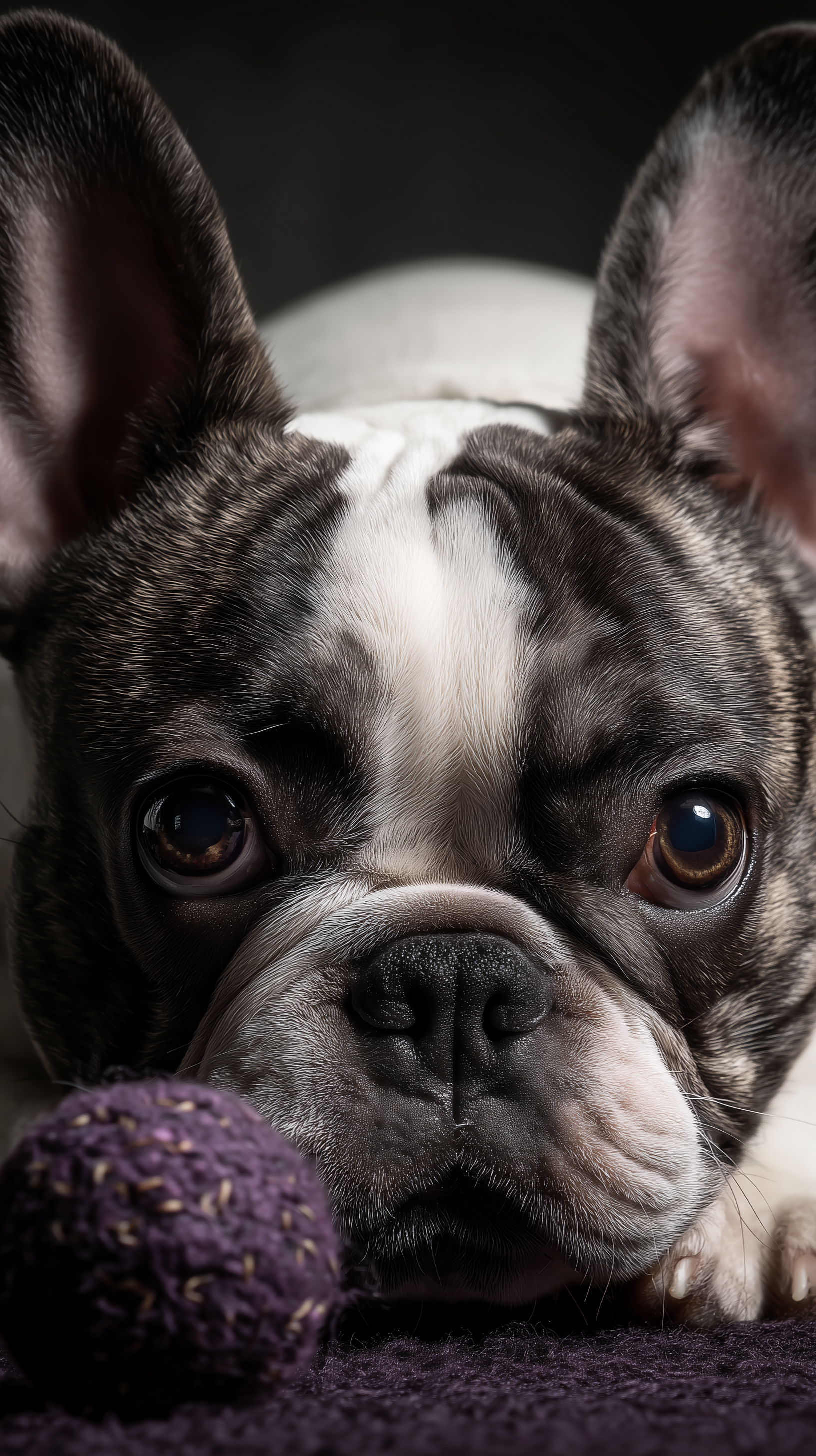Close-up of a cute pet French bulldog resting with a purple toy on a dark background, vertical phone wallpaper.