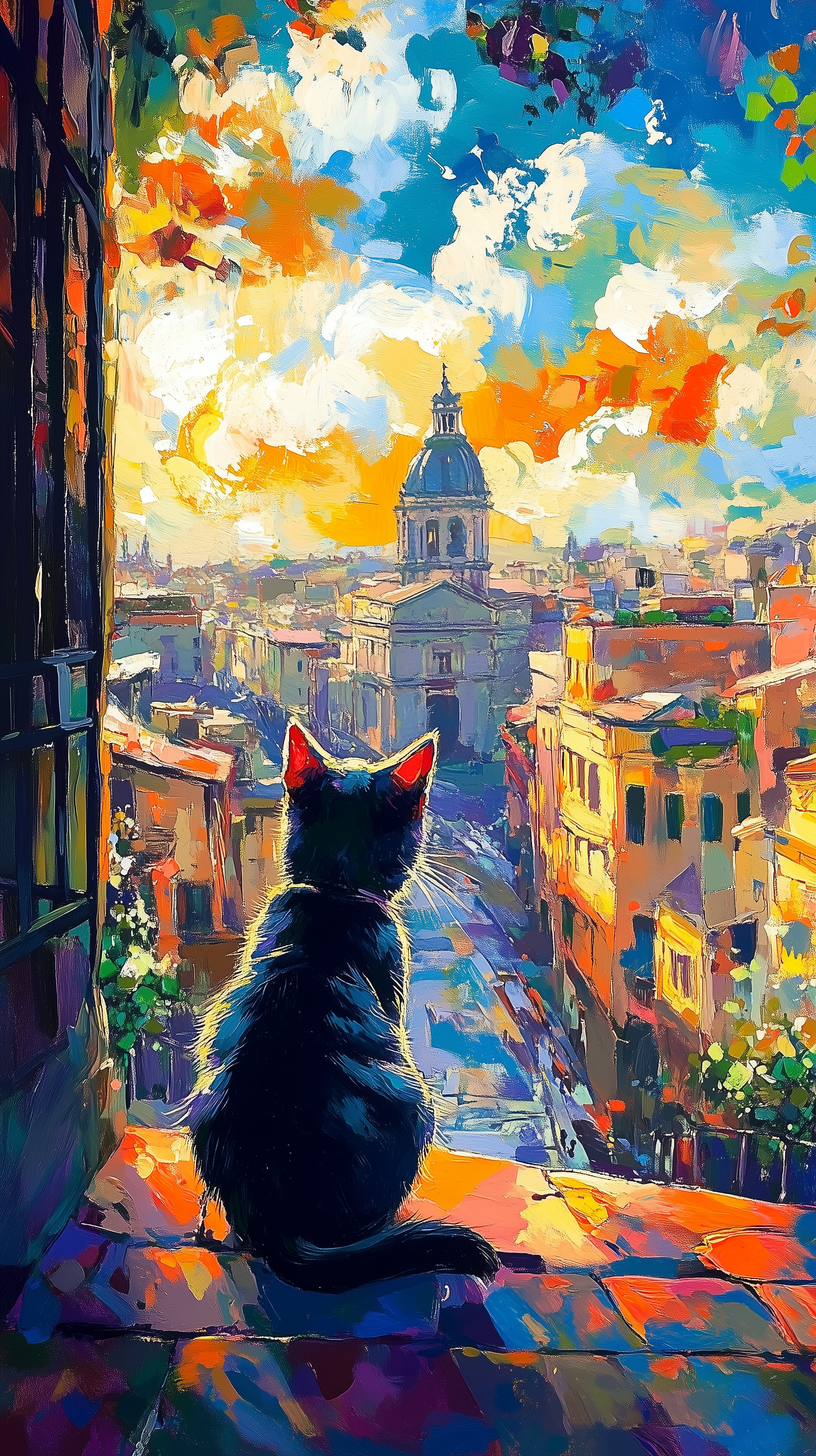 Artistic painting phone wallpaper: a cat sits on a windowsill, gazing over a vibrant, colorful cityscape with a domed church and a dramatic, cloud-streaked sky.