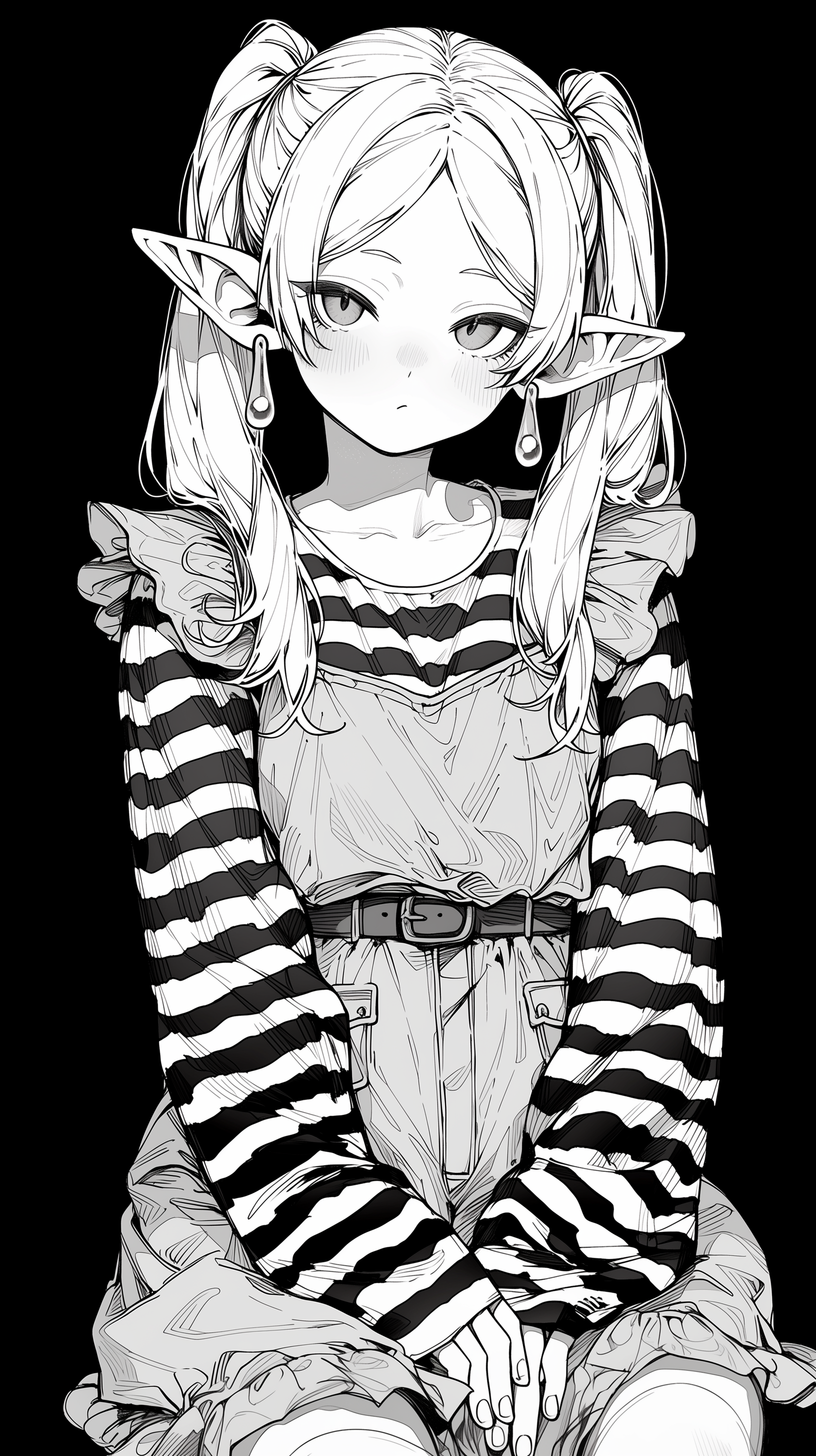 Black-and-white manga phone wallpaper of Frieren: Beyond Journey's End — elf girl with twin tails, striped sleeves and pinafore, hands folded, calm, direct gaze on black background.