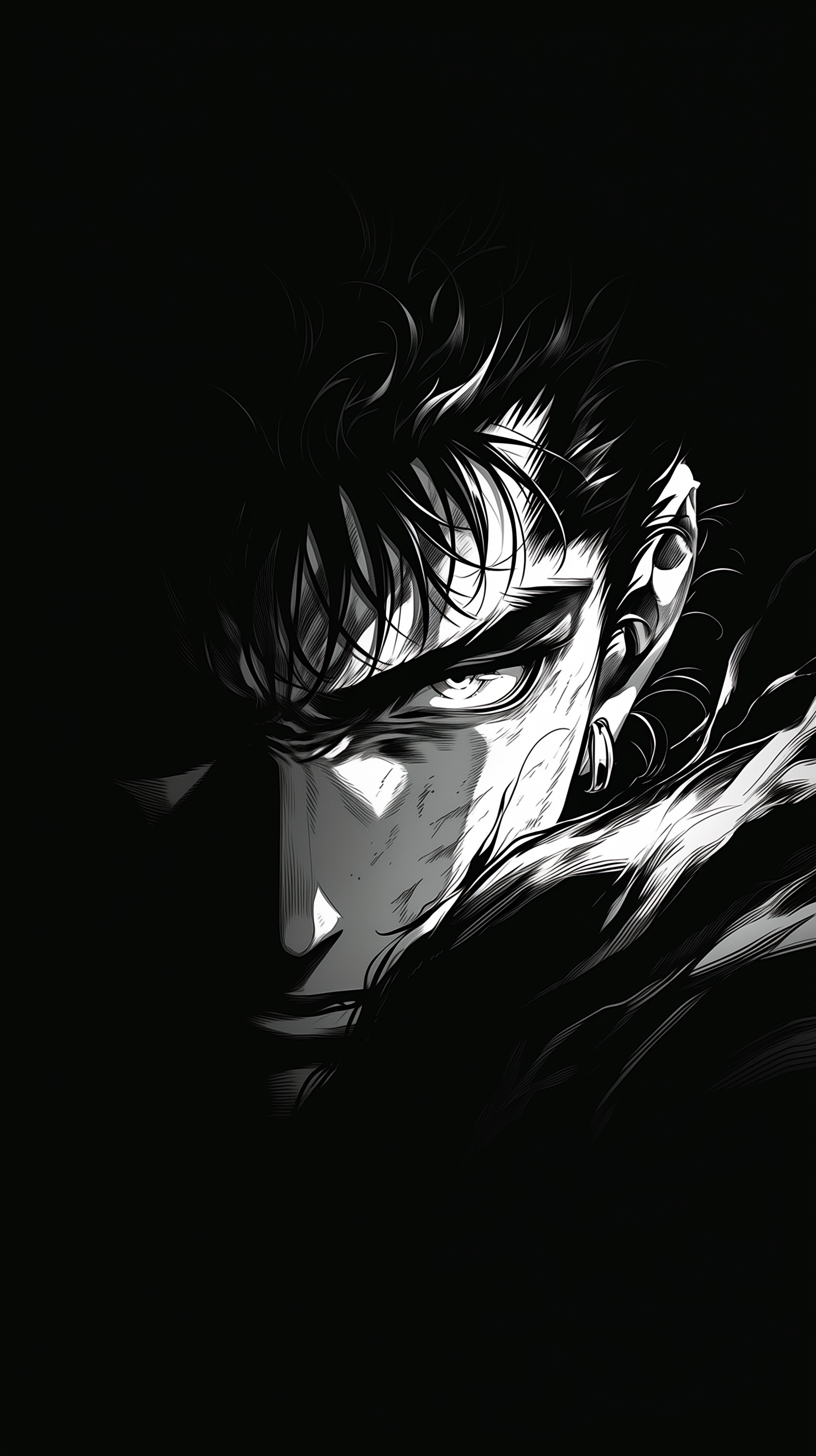 Black-and-white manga phone wallpaper: close-up of Guts (Berserk) with a scarred face, piercing eye and shadowed cloak.