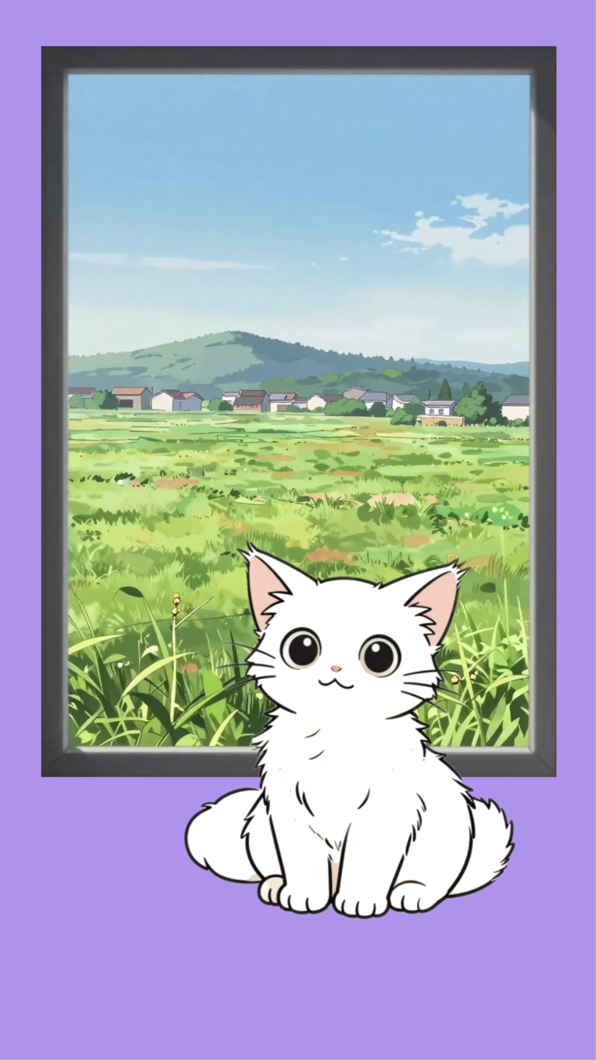 Anime-style white kitten sitting before a window showing green fields and a distant village, framed on a purple phone wallpaper.