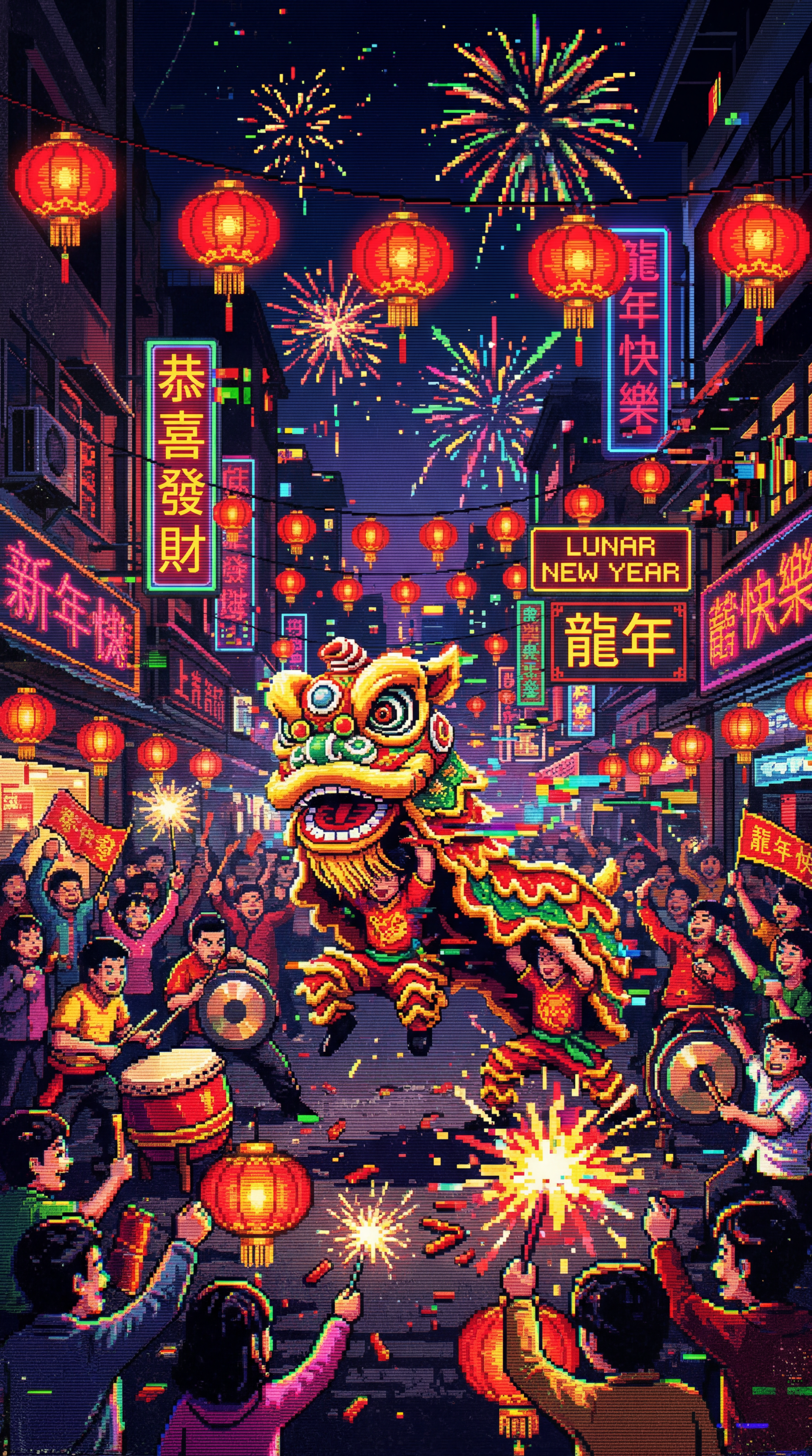 Lunar New Year phone wallpaper: colorful lion dance down a lantern-lit street, crowds drumming and lighting sparklers, neon signs and fireworks bursting in the night sky.