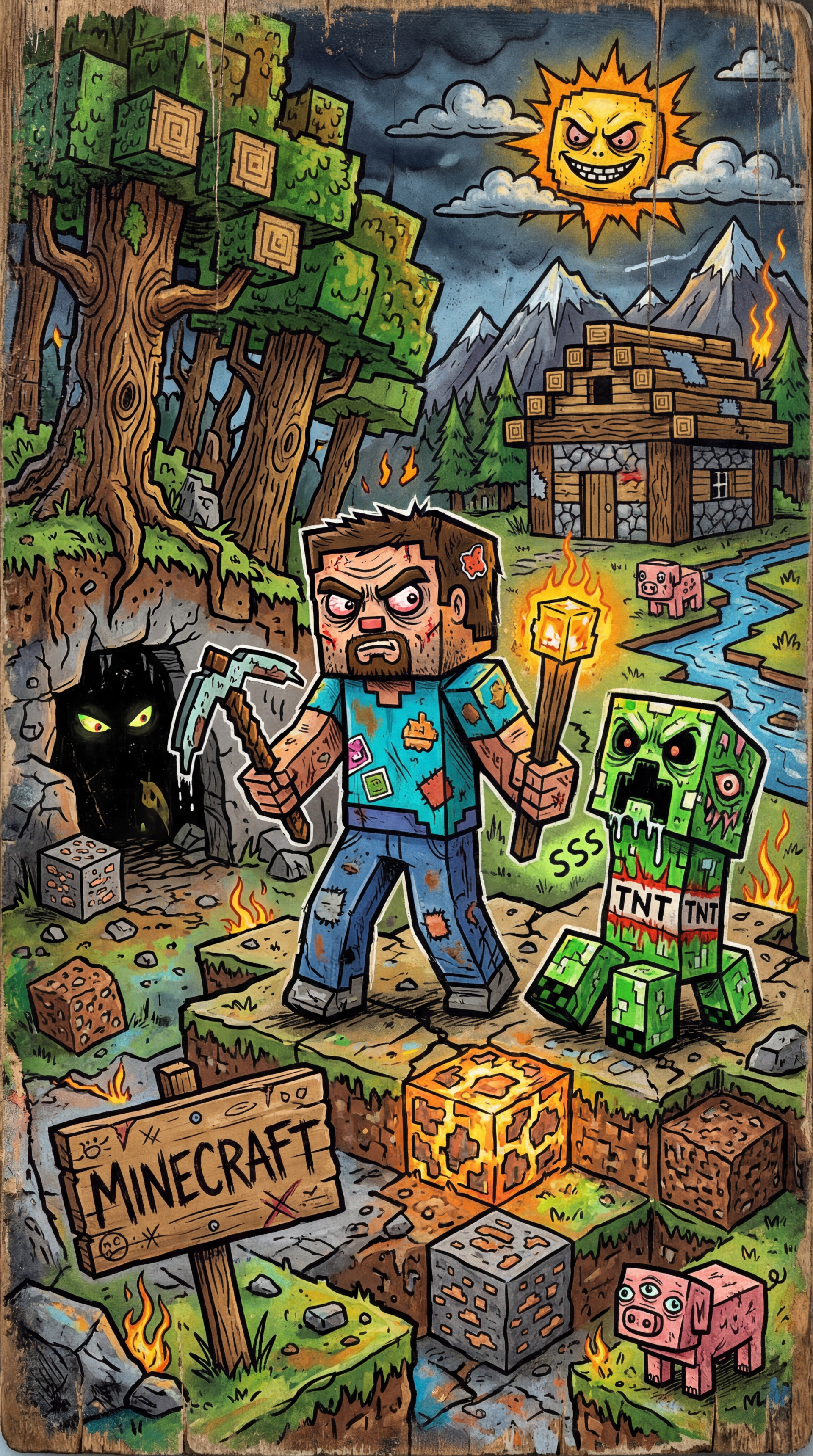 Vibrant Minecraft phone wallpaper: blocky hero with torch and pickaxe, creeper and pig, TNT and ores, a cabin, dark cave, and a grinning sun over forested mountains.