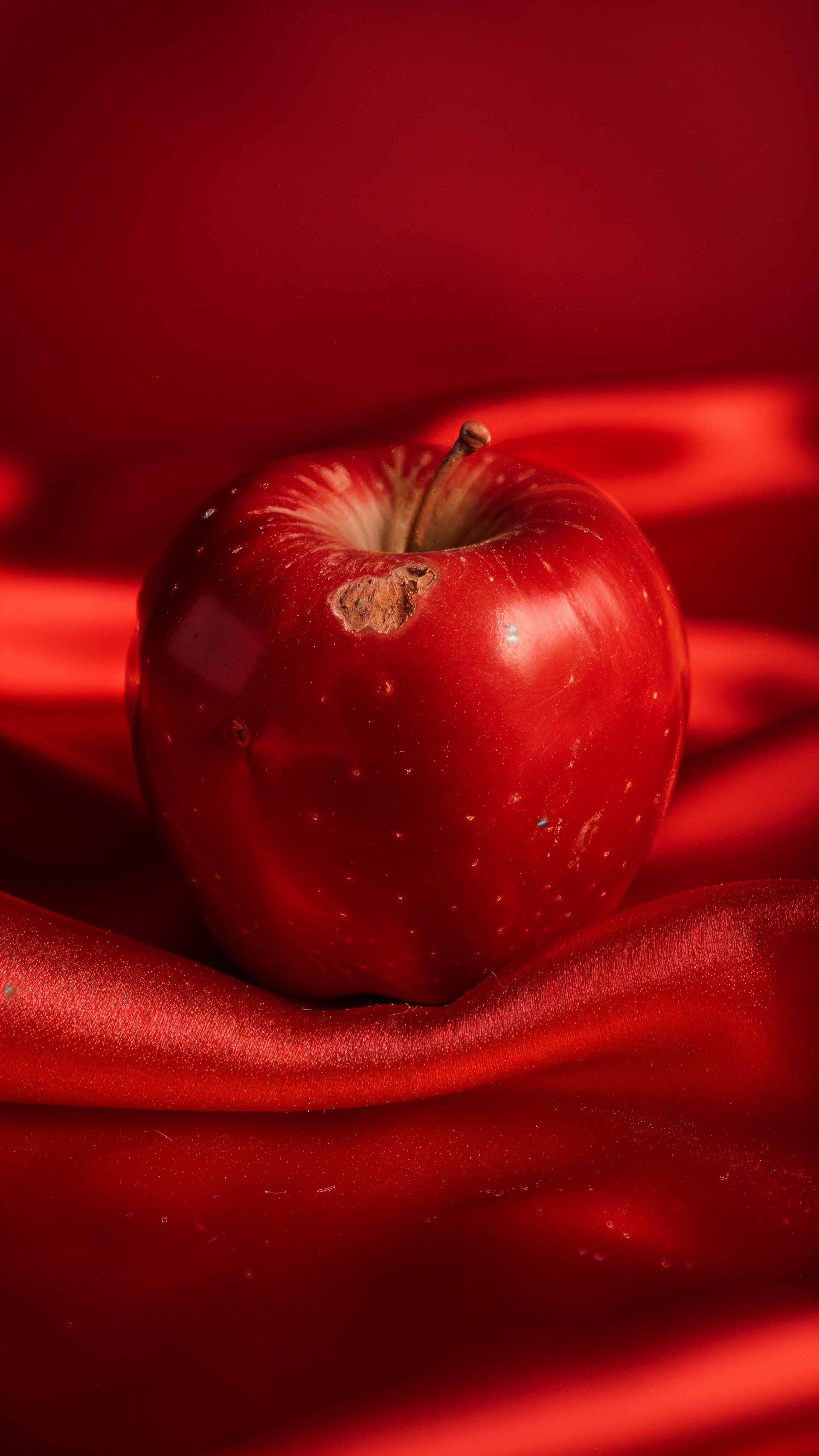 Phone wallpaper in red: glossy red apple resting on rippled red silk, with rich highlights and deep shadows.