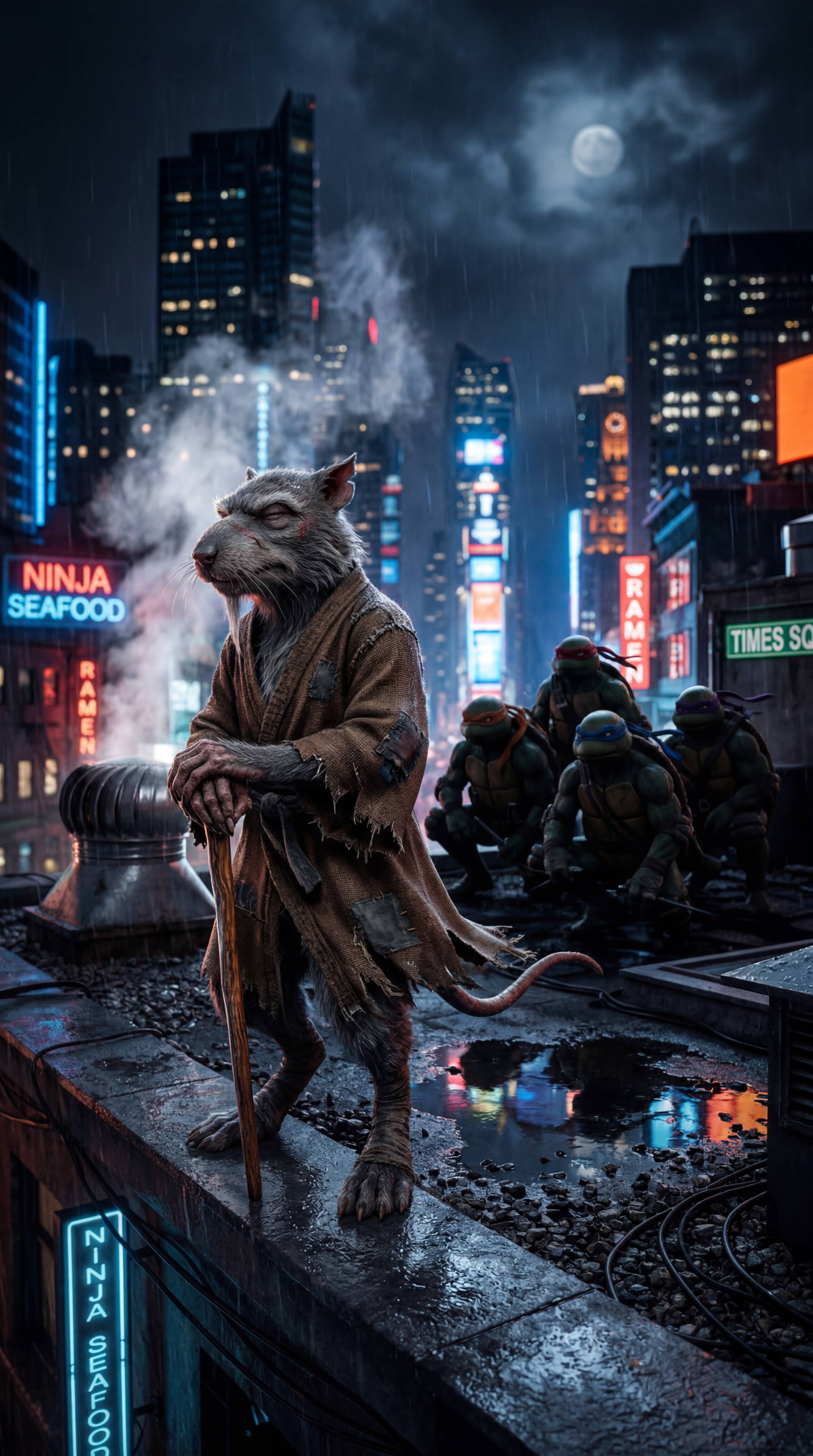 Phone wallpaper of Master Splinter (TMNT) on a rain-slick rooftop in a neon-lit city at night, cane in hand, with the four Teenage Mutant Ninja Turtles crouched behind him.