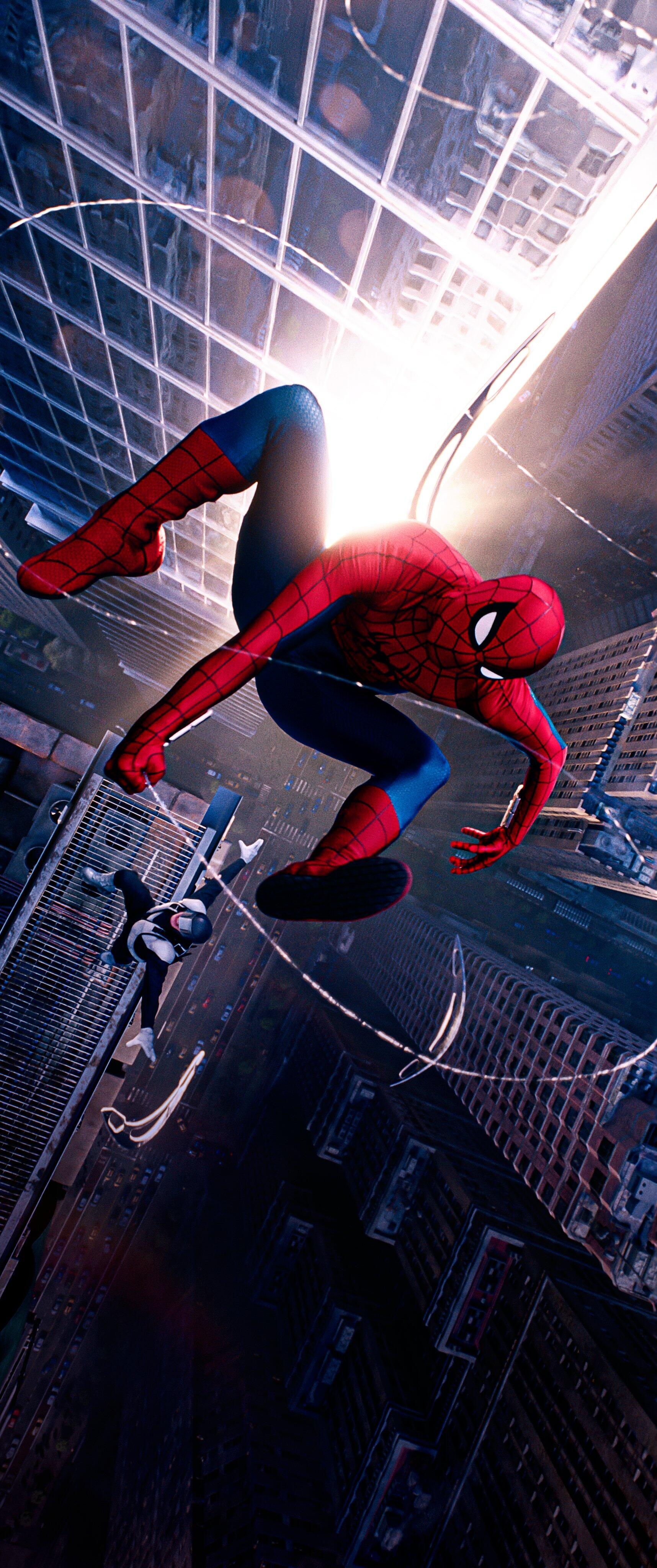 Phone wallpaper from the movie Spider-Man: Brand New Day — Spider-Man mid-swing between skyscrapers with sunlight behind him.