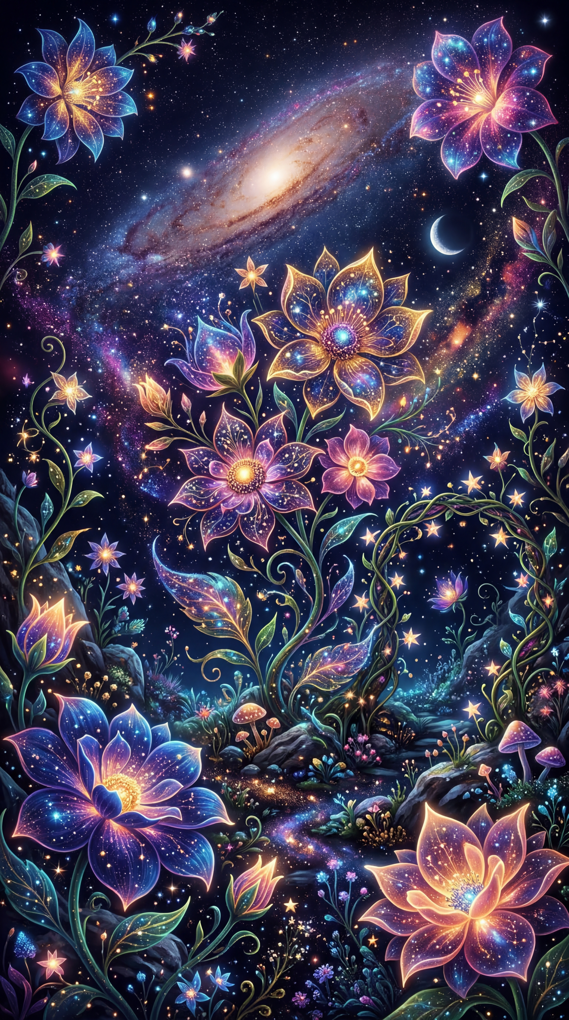 Floral phone wallpaper featuring luminous, jewel-toned blossoms and curling vines against a starry galaxy backdrop with a glowing spiral nebula and crescent moon.