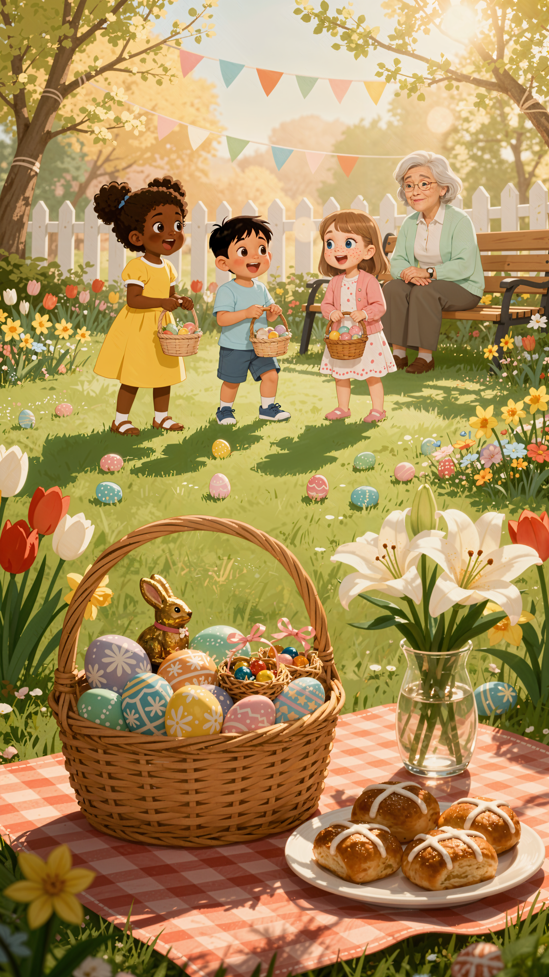 Easter phone wallpaper: sunny garden picnic with a basket of decorated eggs and chocolate bunny in foreground; three children hunting eggs while a grandmother watches from a bench.