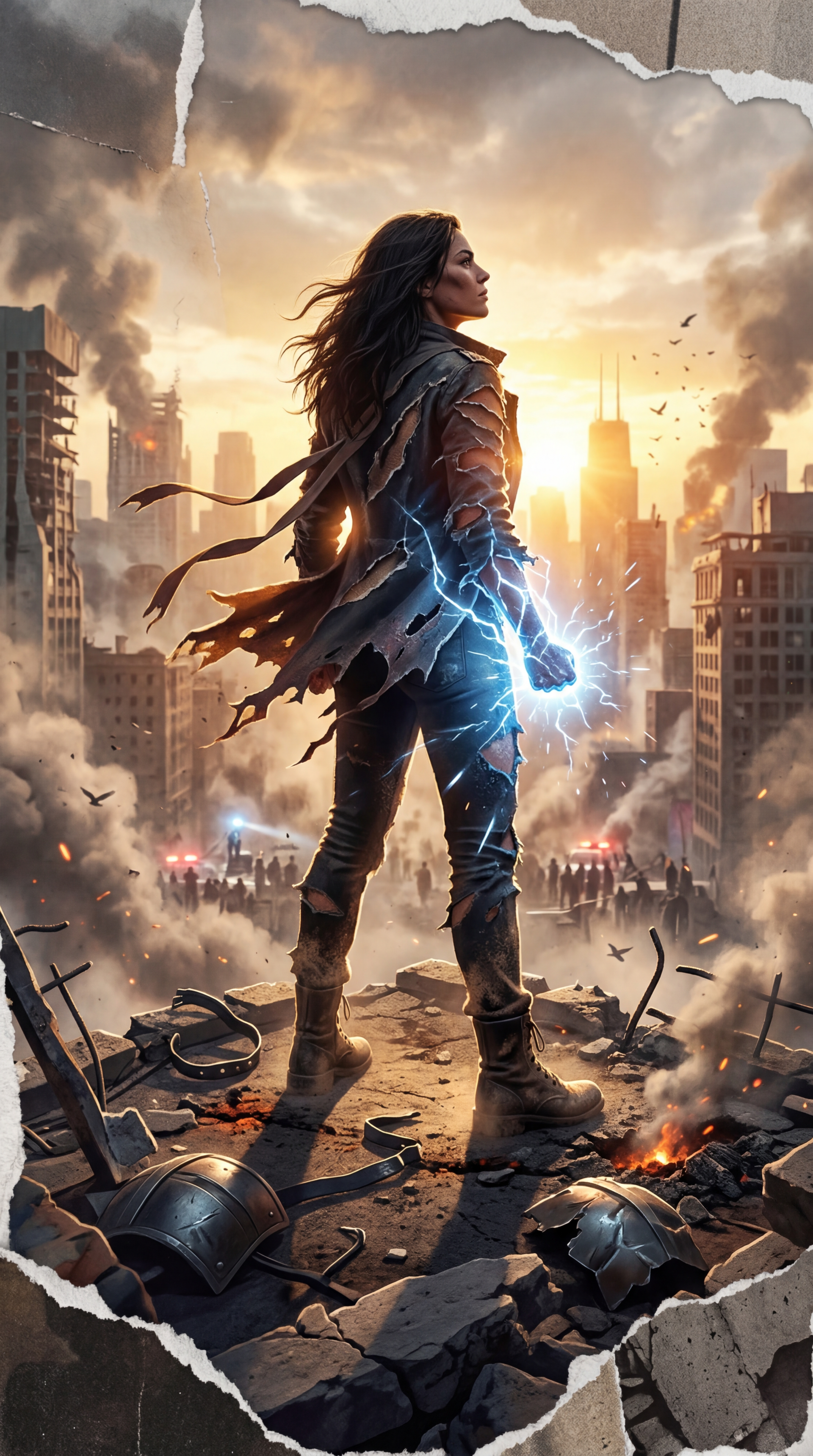 Phone wallpaper of a lone electric-powered hero standing on rubble, torn coat blowing, blue lightning in their hand, overlooking a burning, ruined city skyline at sunset.