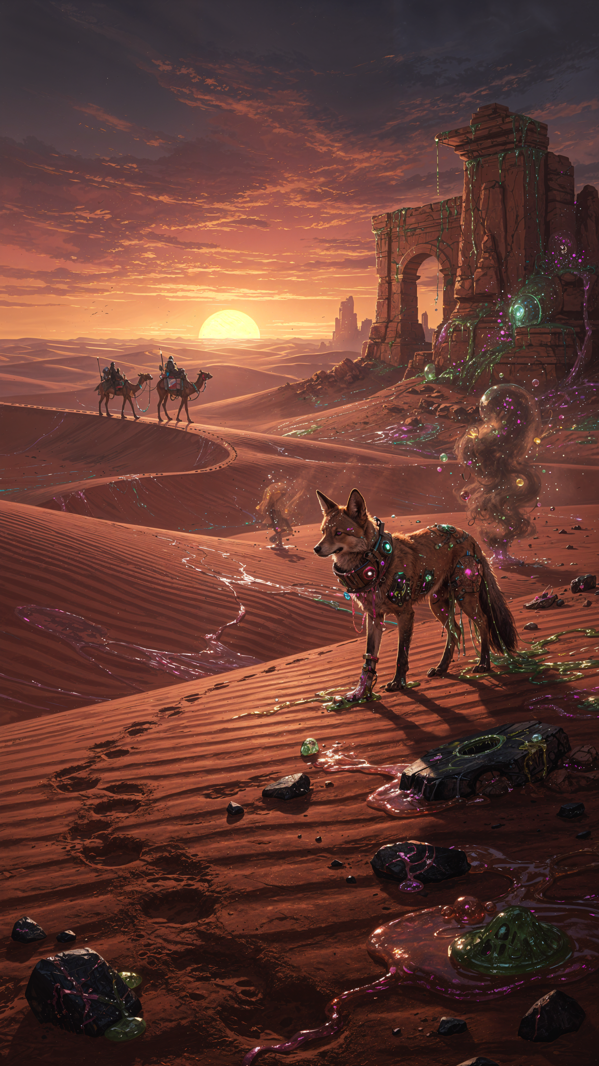 Phone wallpaper — desert sunset with ruined arch, two camel riders on distant dunes, a jeweled fox in the foreground amid scattered glowing crystals.