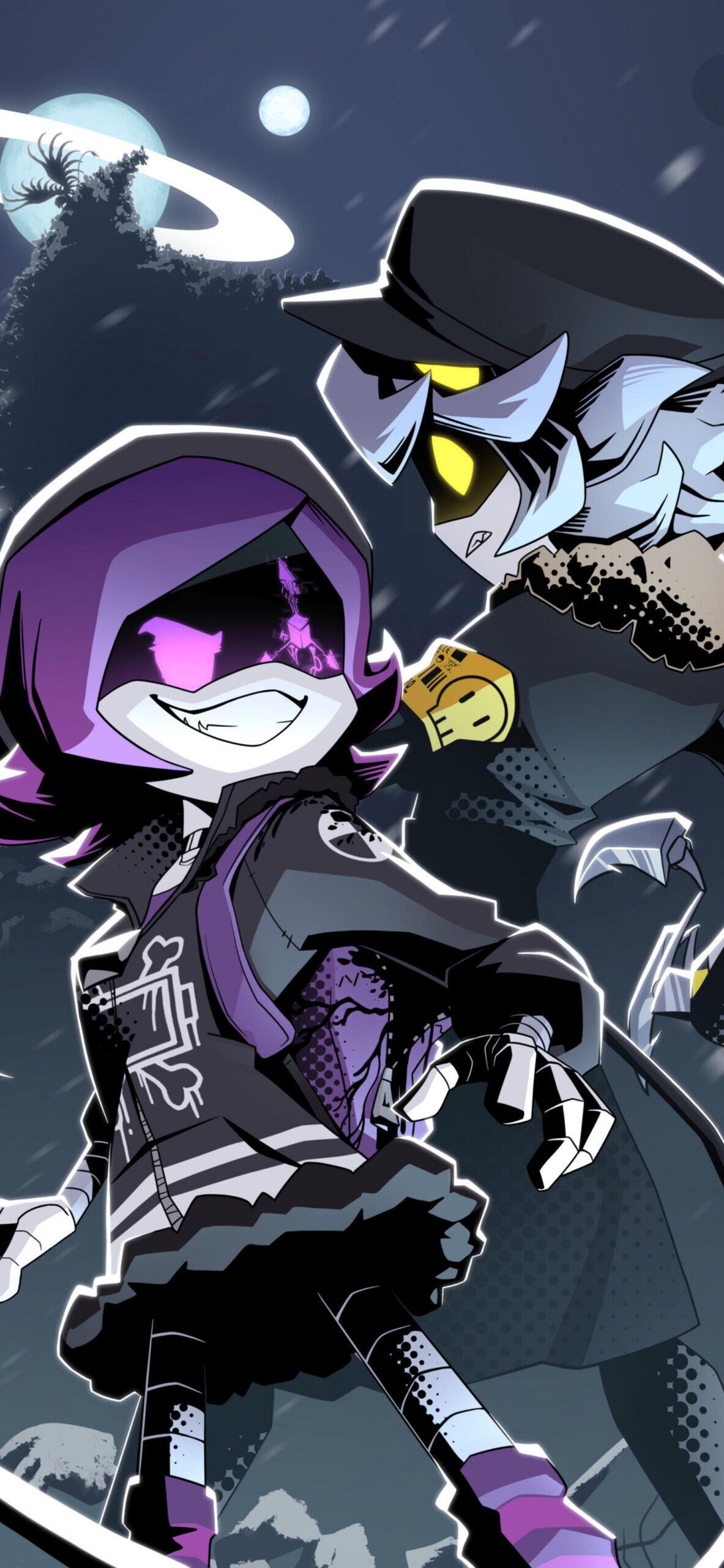 Phone wallpaper of Uzi Doorman from the TV show Murder Drones—grinning in a purple hoodie with glowing eyes, posing with a masked companion under a moonlit, star-speckled sky.