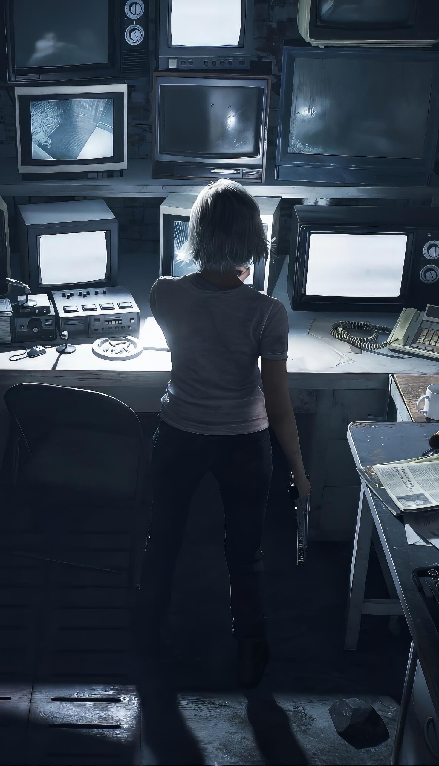 Phone wallpaper of Grace Ashcroft from the video game Resident Evil Requiem: back-turned figure in a dark control room, blue light from flickering CRT monitors.