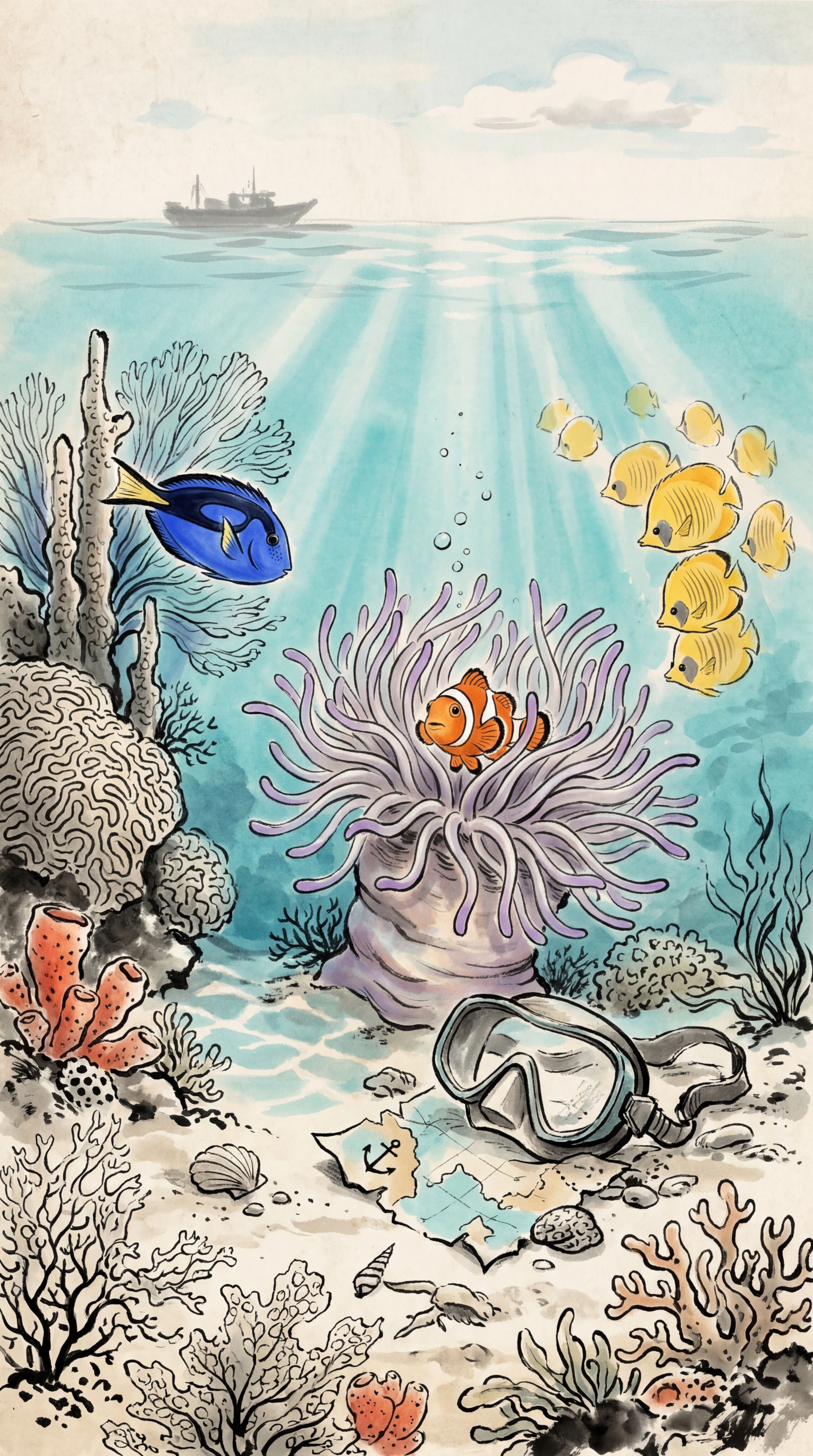 Finding Nemo phone wallpaper showing Nemo in an anemone with Dory nearby, a school of yellow tangs, coral reef, sunbeams, boat silhouette, snorkel mask and map on the sandy seabed.