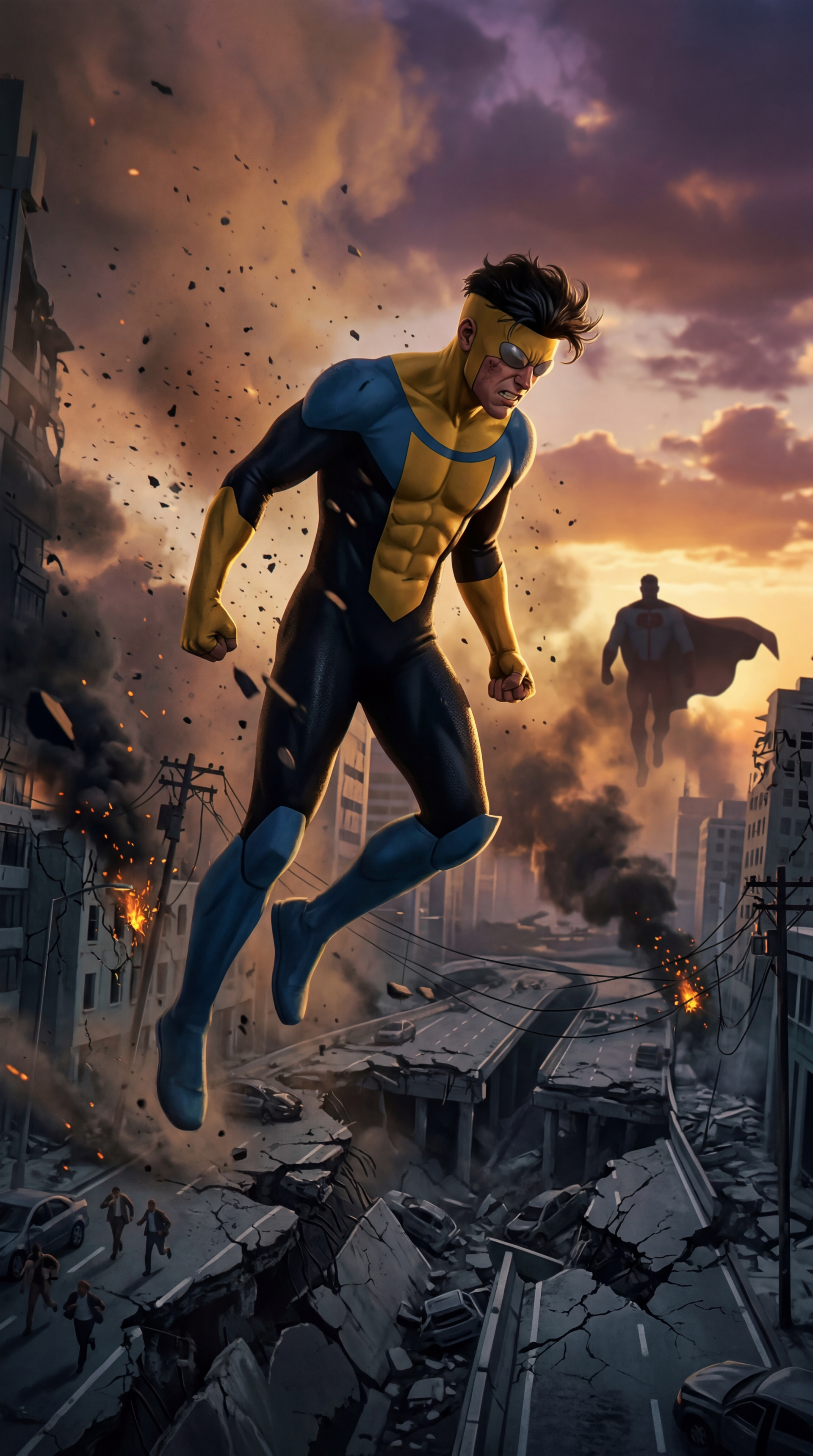 Invincible phone wallpaper: hero in yellow-and-blue suit hovers over a shattered city at sunset, fists clenched, a cape-cloaked figure watching from the skyline.