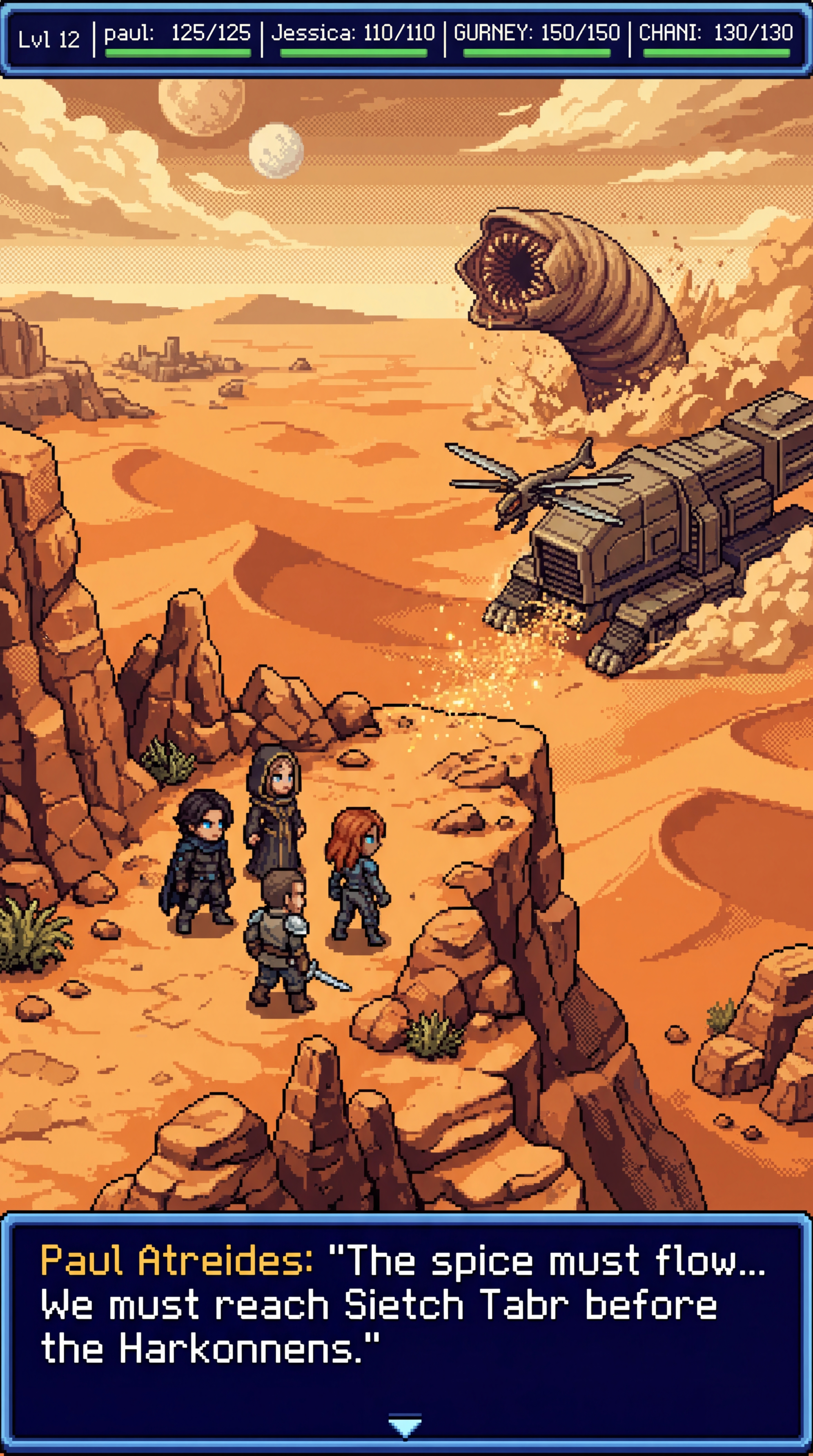 Pixel-art Dune (2021) phone wallpaper: Paul Atreides and allies on rocky dunes, a giant sandworm and crashed ornithopter below, RPG HUD and dialogue box quoting The spice must flow...