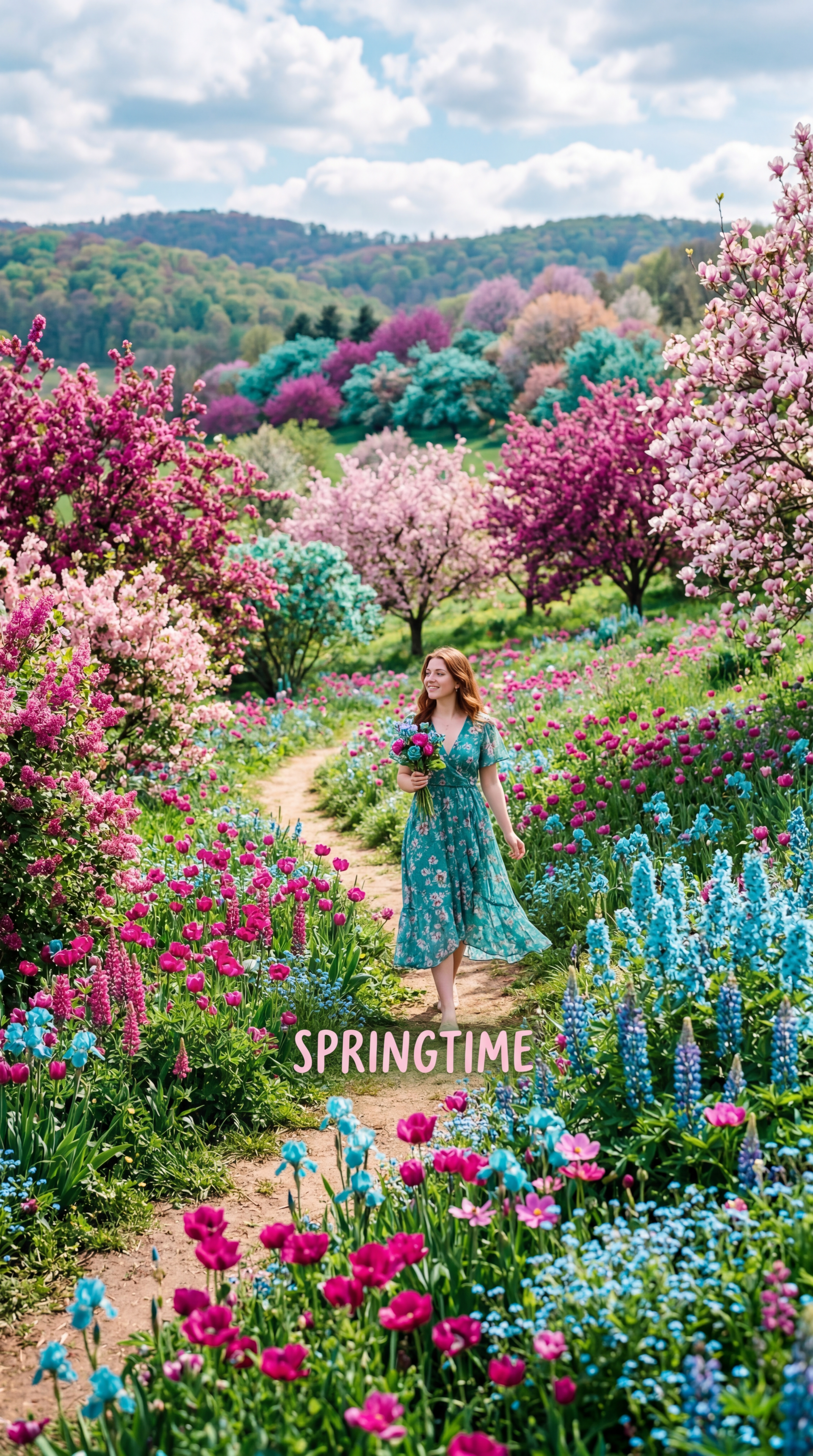 iPhone wallpaper: a woman walking along a winding path through a field of pink, purple, and blue spring flowers and blossoming trees, SPRINGTIME text at the bottom.