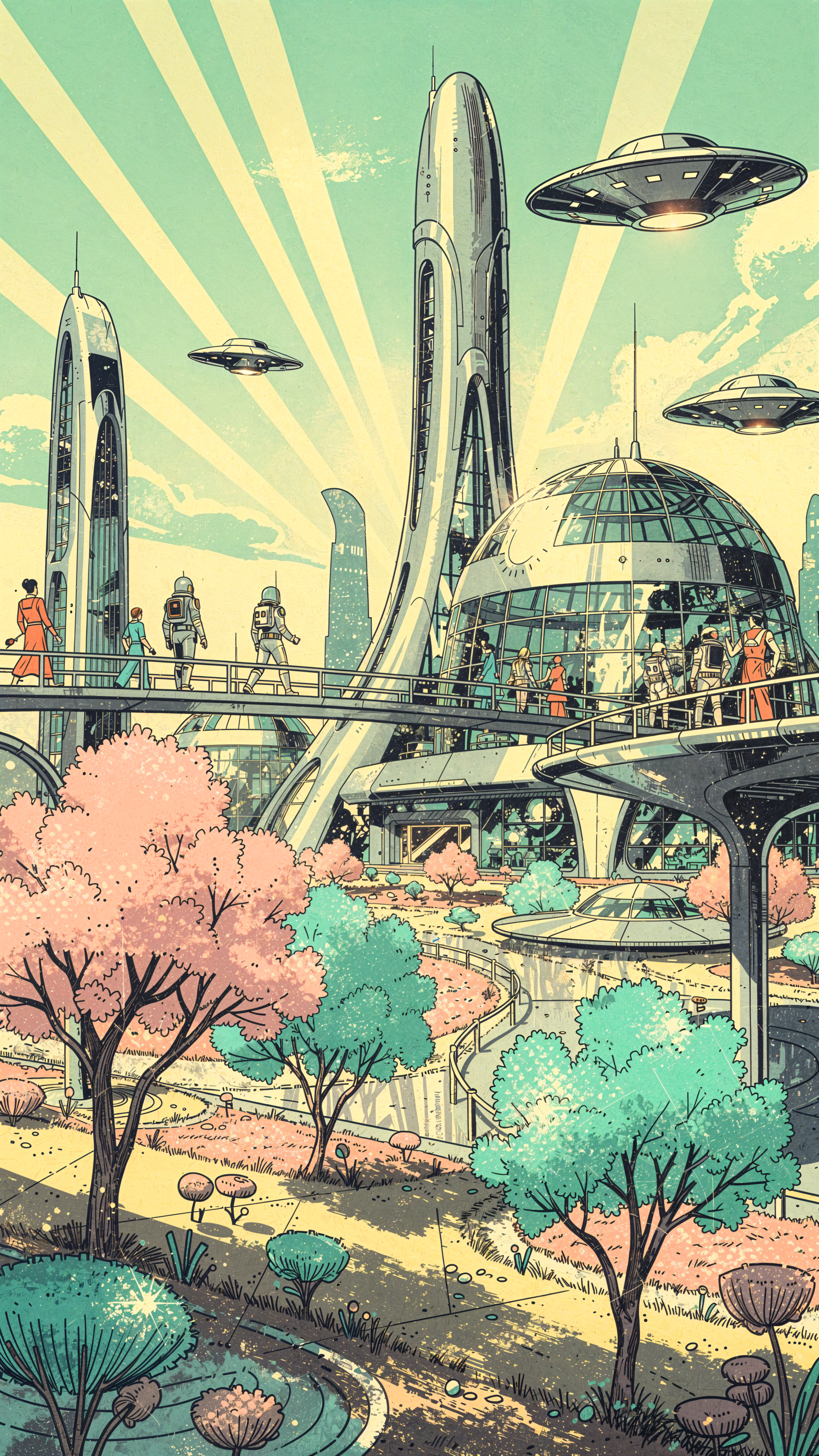 Spring iPhone wallpaper: pastel retro-futuristic cityscape with pink blossoms, teal foliage, sleek towers, elevated walkways and hovering UFOs beneath sunbeams.