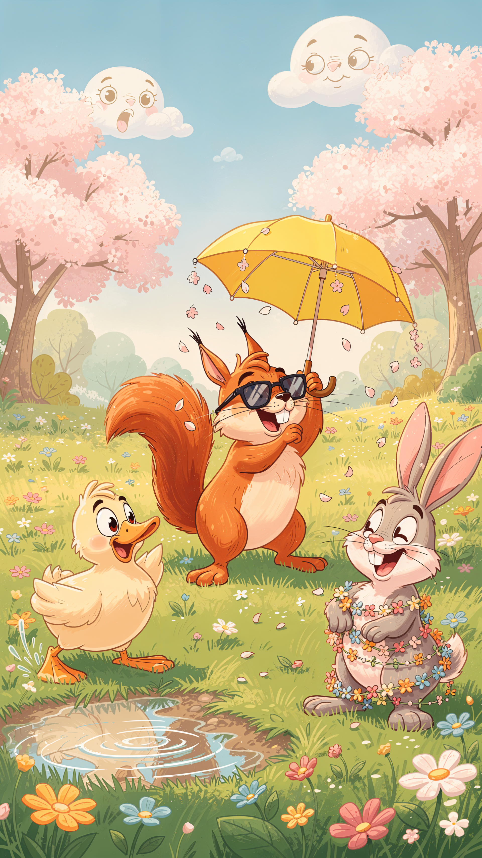 iPhone wallpaper: spring scene with a sunglasses-wearing squirrel holding a yellow umbrella, a cheerful duckling and a flower-crowned bunny in a cherry-blossom meadow under smiling clouds.
