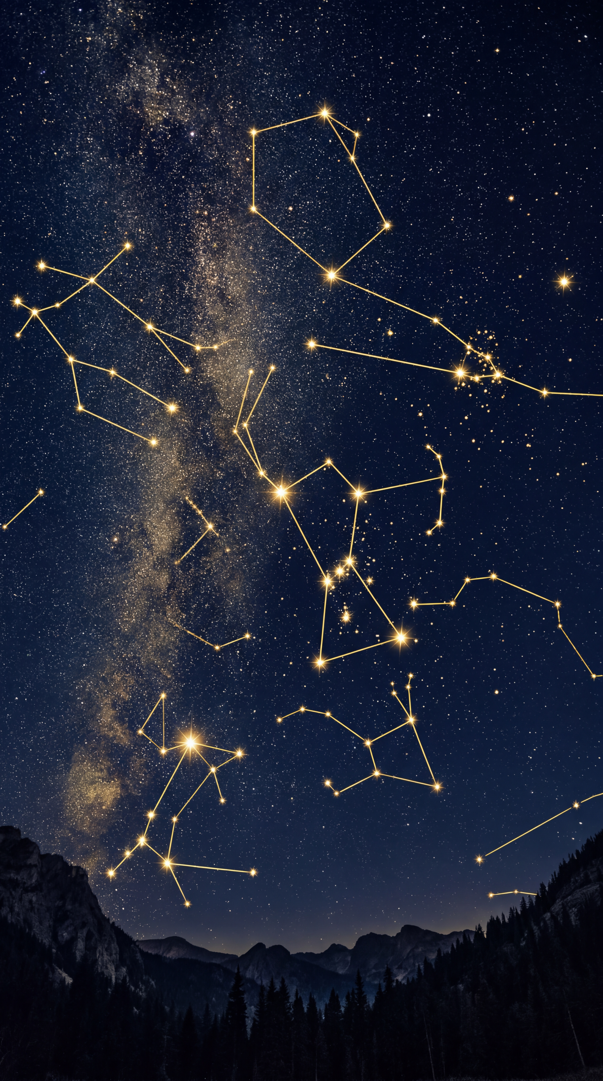 iPhone wallpaper: vertical starry night with the Milky Way and glowing gold-outlined constellations arcing over silhouetted mountains.