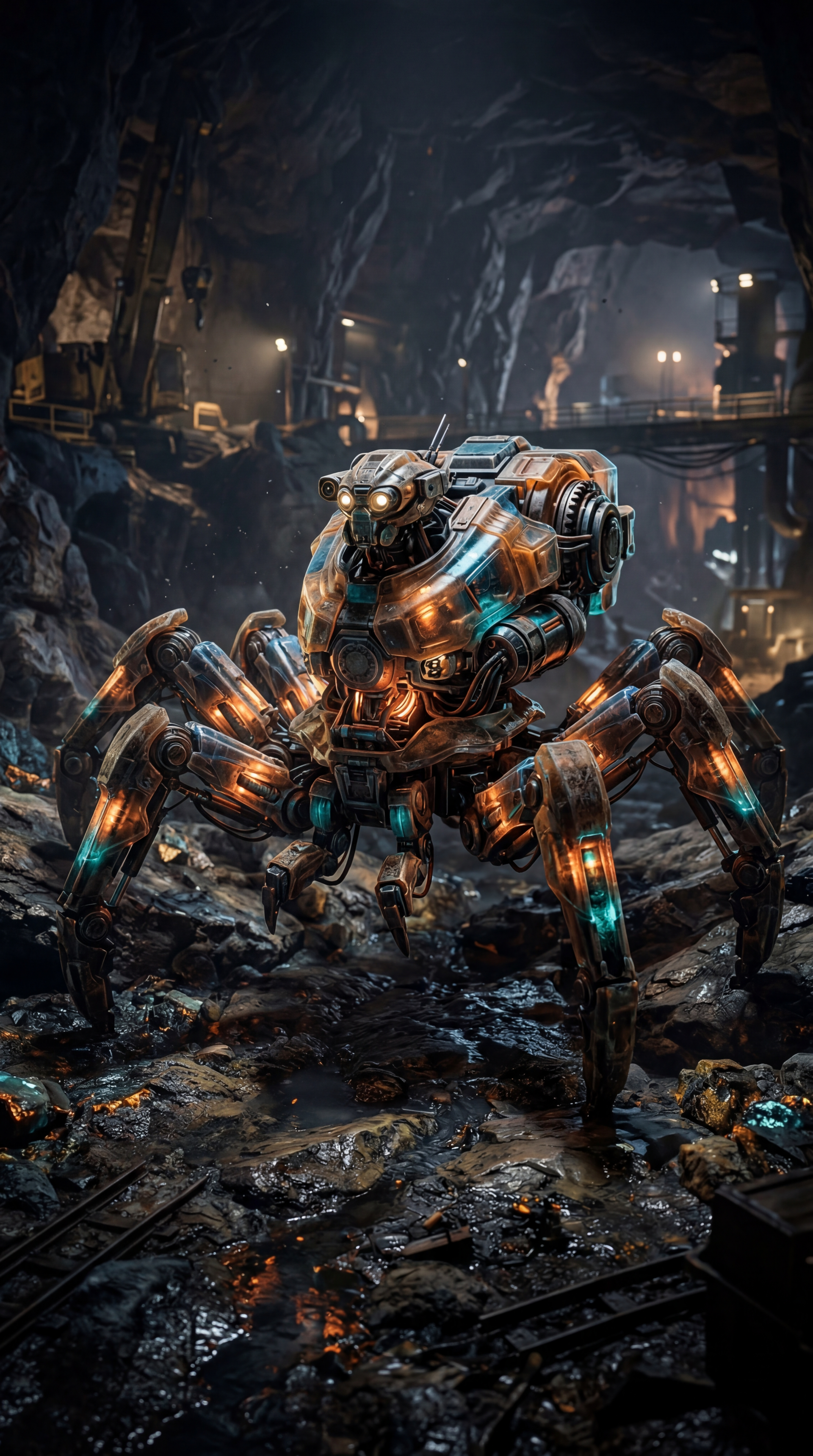 Phone/iPhone wallpaper of a spider-like combat mech with glowing teal and orange lights prowling a wet, industrial underground mine.