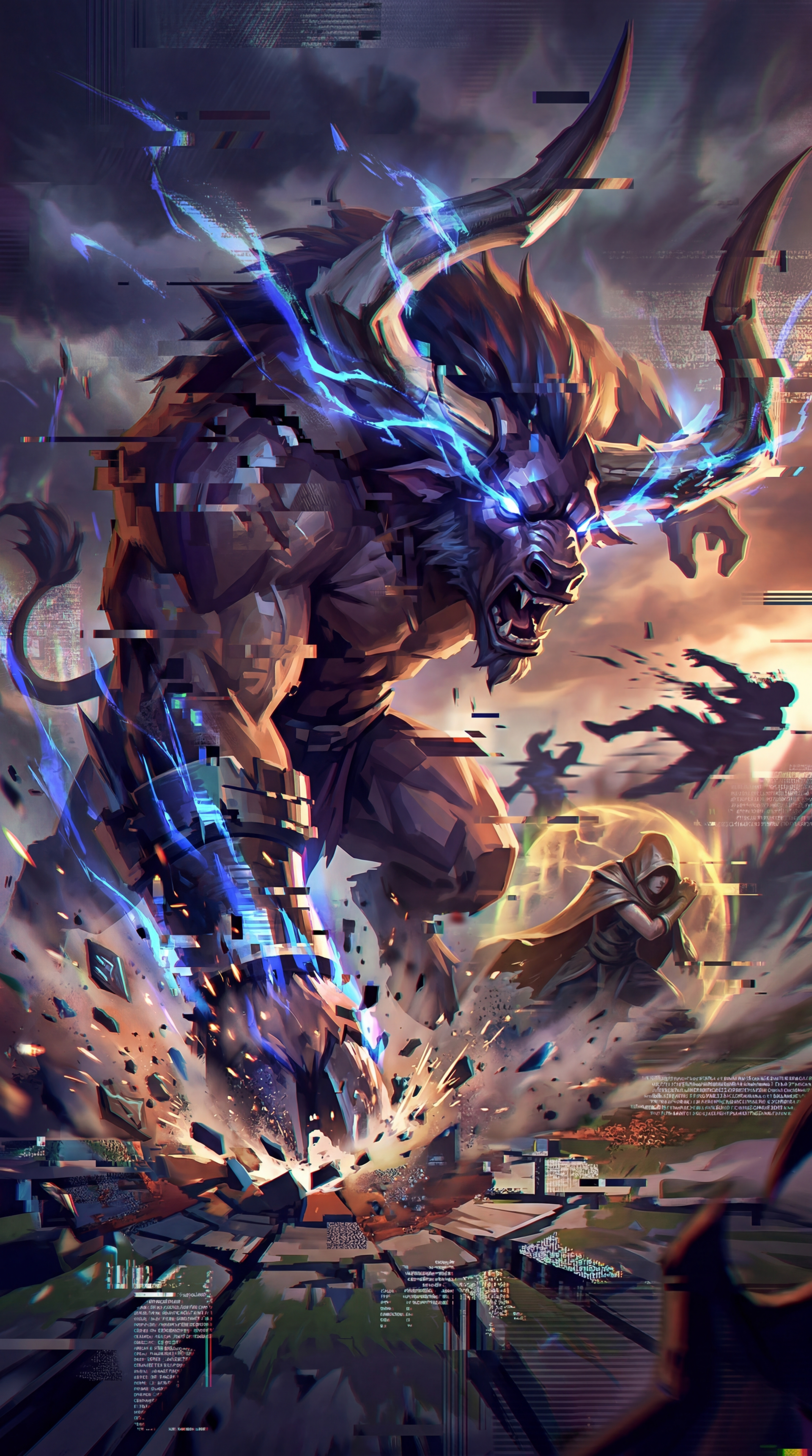 iPhone wallpaper of Alistar (League of Legends) roaring and slamming the ground, blue lightning arcing from his horns as glitchy shards and debris scatter, a cloaked figure thrown back.