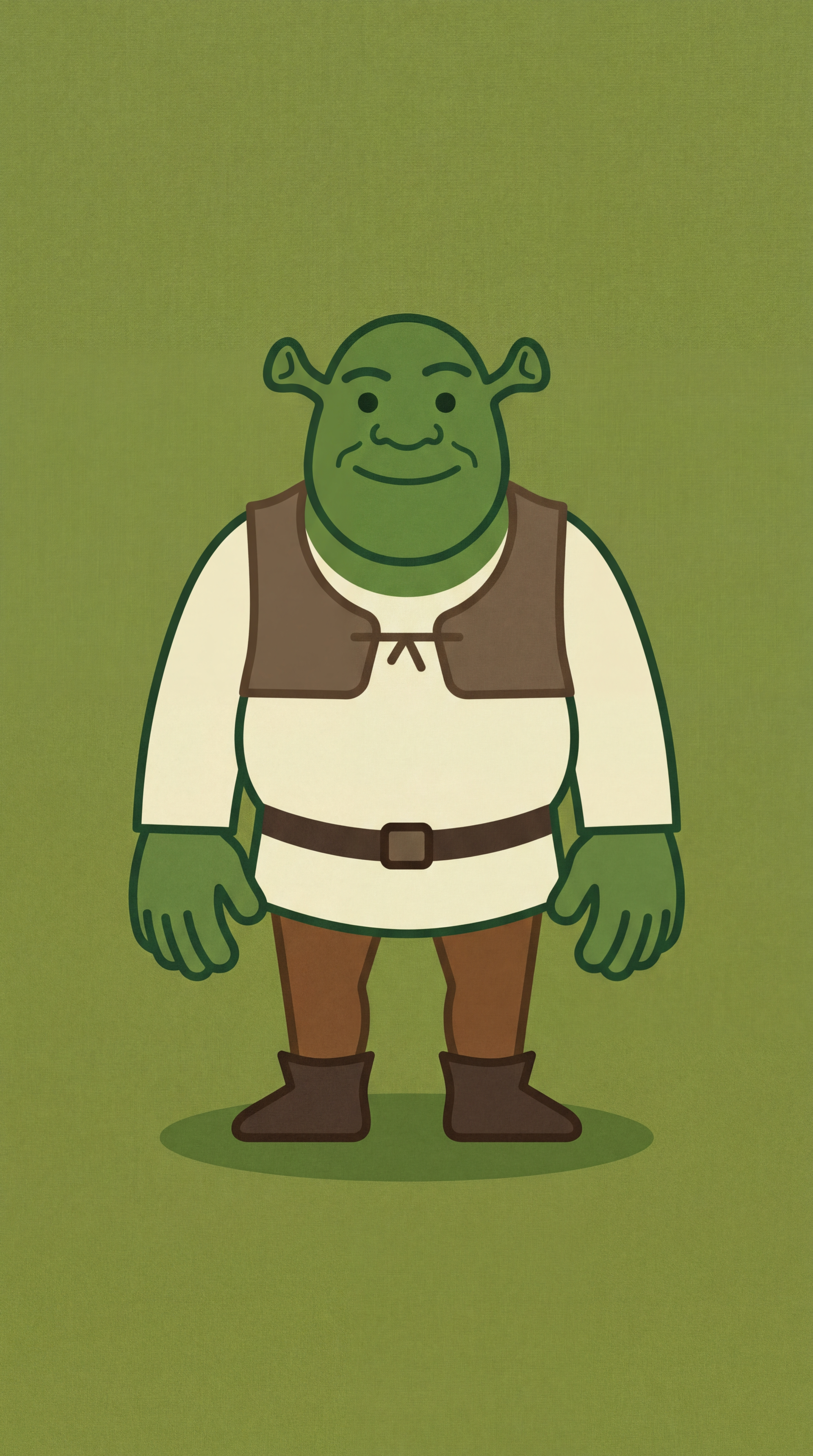 iPhone wallpaper of Shrek (character): full-body cartoon Shrek standing on a flat green background, smiling in a tunic with vest, belt and boots.
