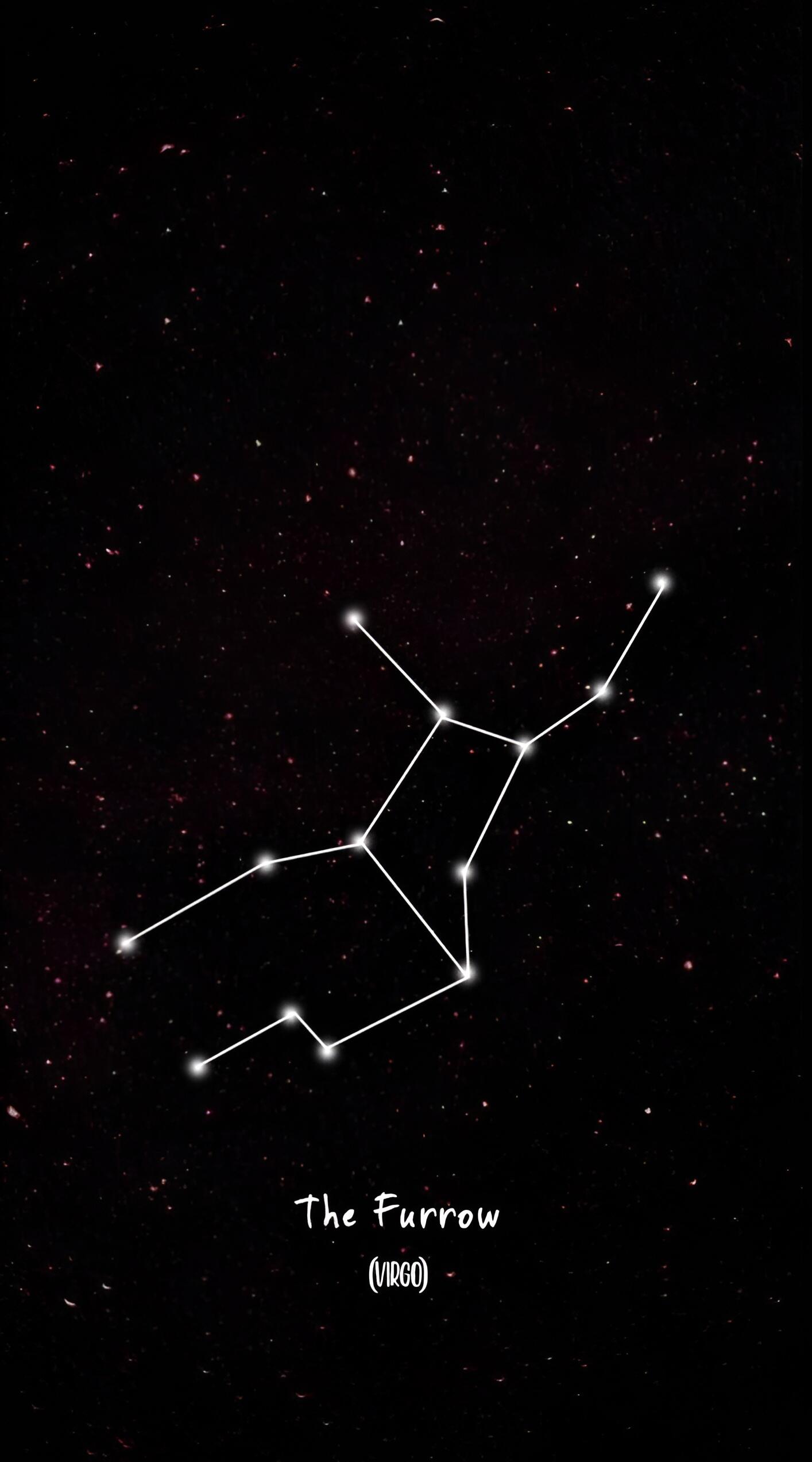 Phone wallpaper showing the Virgo constellation of glowing stars connected by white lines against a dark, star-speckled sky, captioned The Furrow (Virgo).