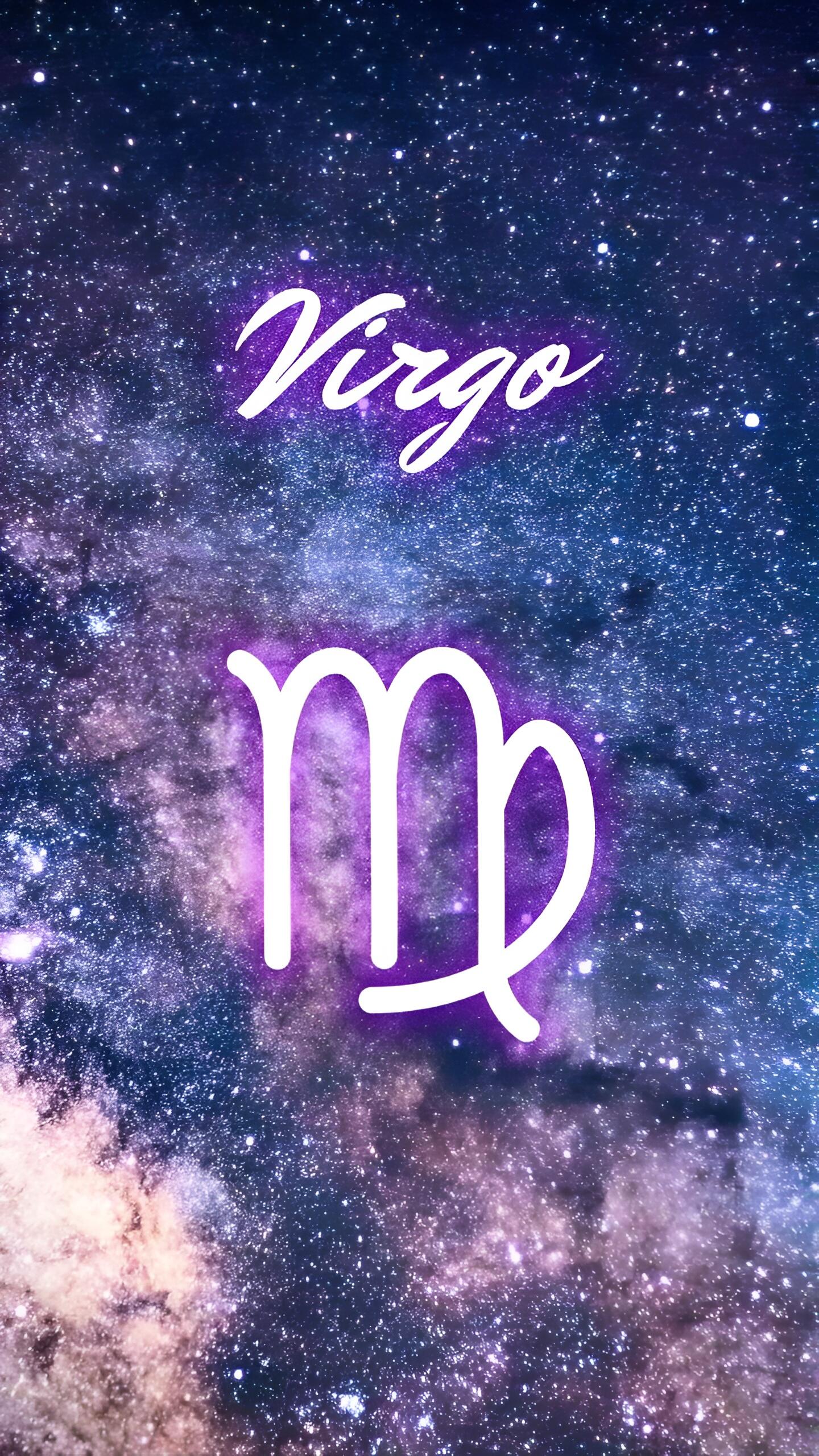 iPhone wallpaper: Virgo astrology design — white Virgo script and glyph with a purple glow over a starry galaxy background.