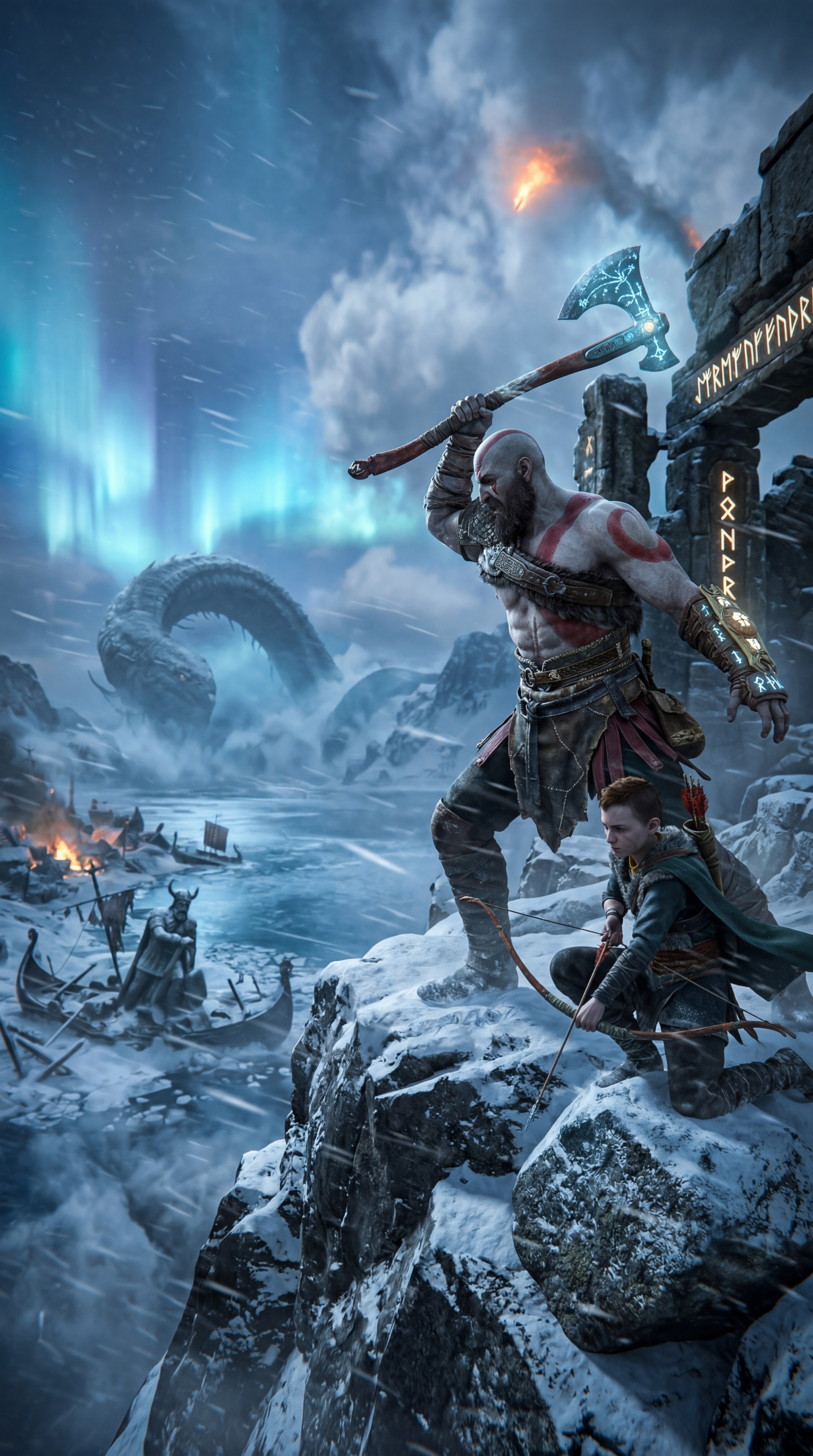 God of War iPhone wallpaper: Kratos and Atreus on a snowy cliff, the father raising his axe beneath auroras as a sea serpent coils and Viking ships clash in the frozen bay below.