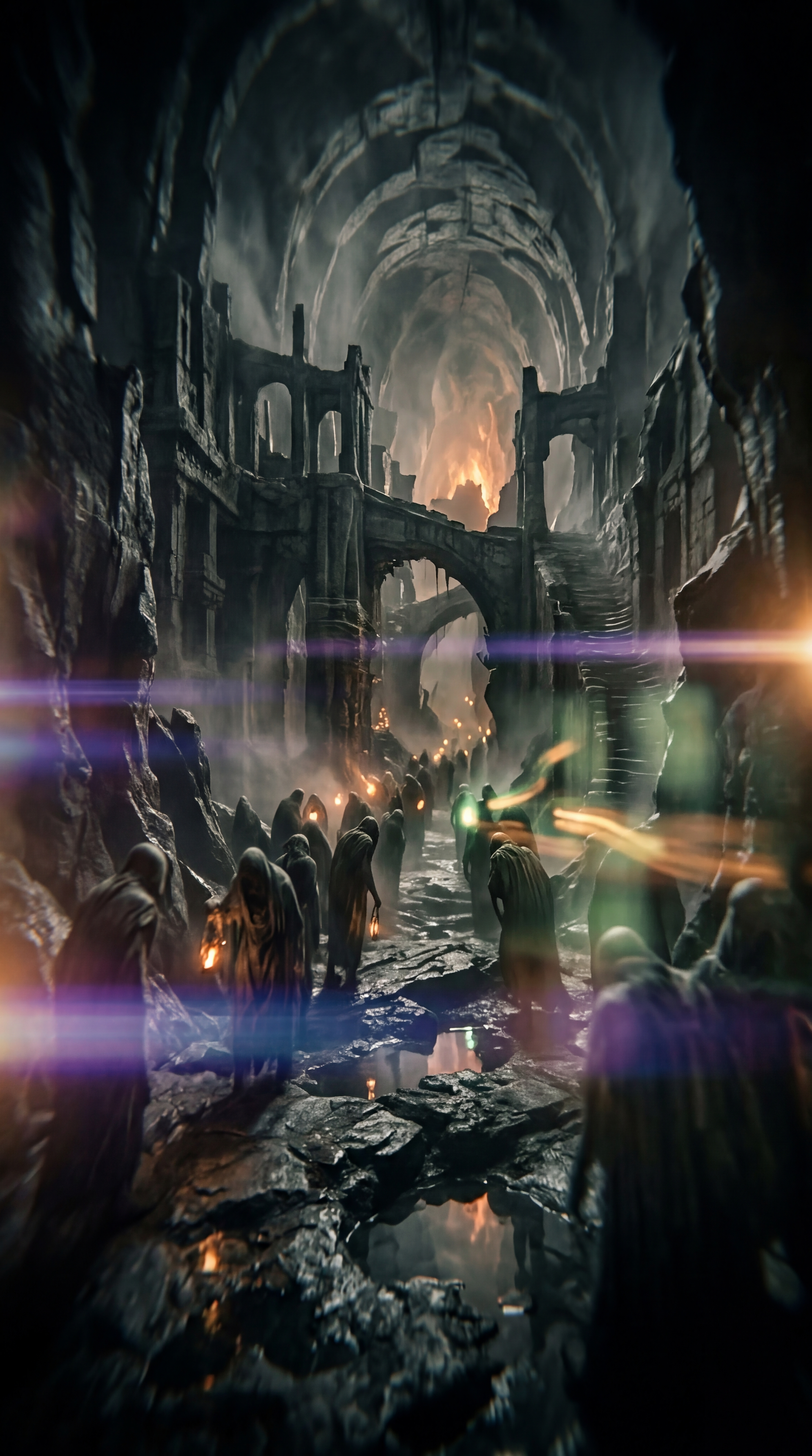 iPhone wallpaper: a vertical underworld cavern where hooded figures carry torches along cracked stone walkways and arches toward a distant, fiery chasm.