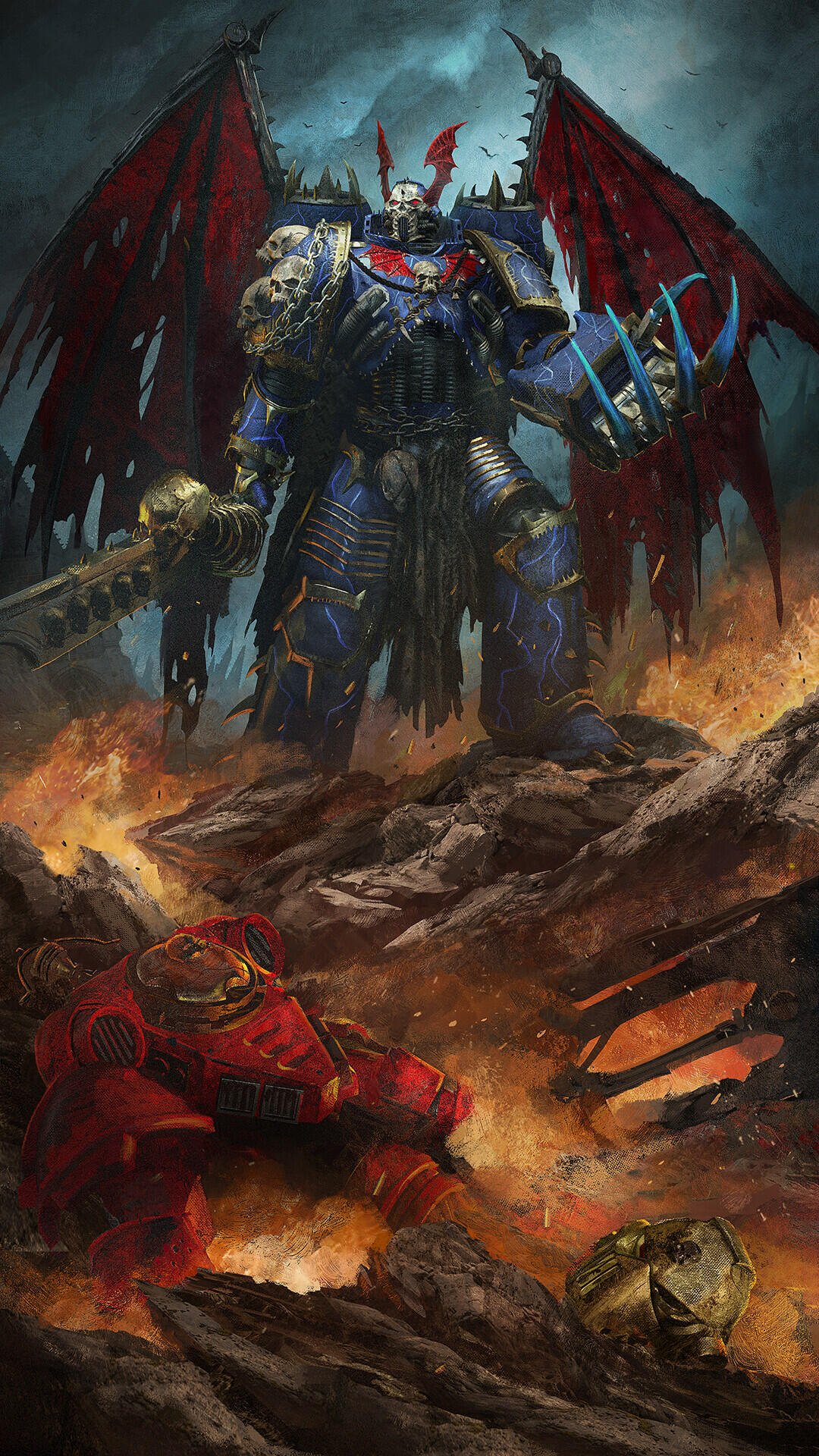 iPhone wallpaper — video game Warhammer 40k artwork: towering armored Chaos Space Marine with tattered red wings, skull motifs and power claw looming over a scorched battlefield.