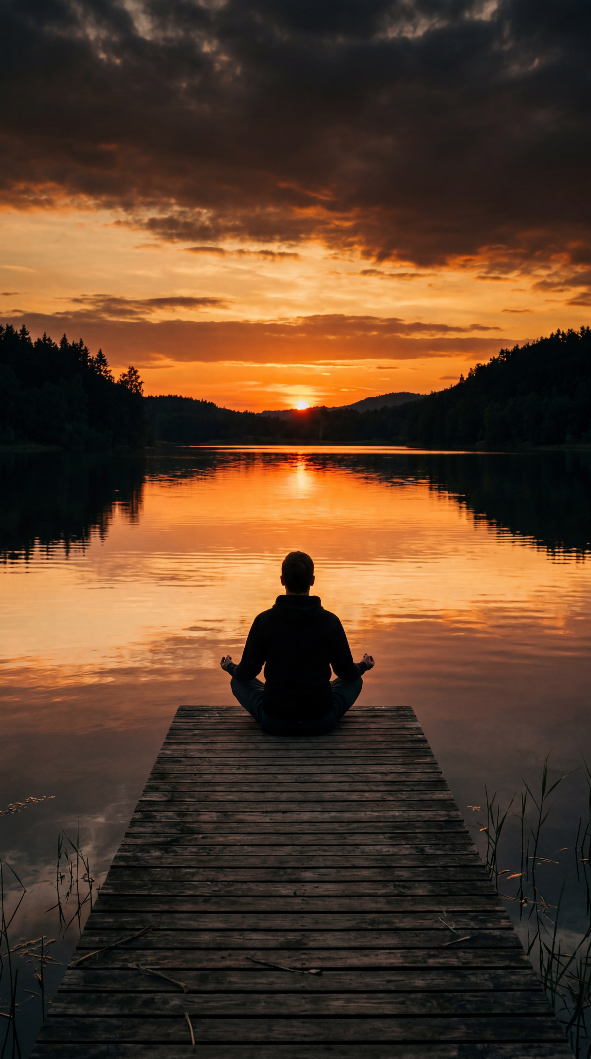 Serenity — person meditating cross-legged on a dock at sunset, golden sky mirrored across a calm lake; vertical iPhone wallpaper.