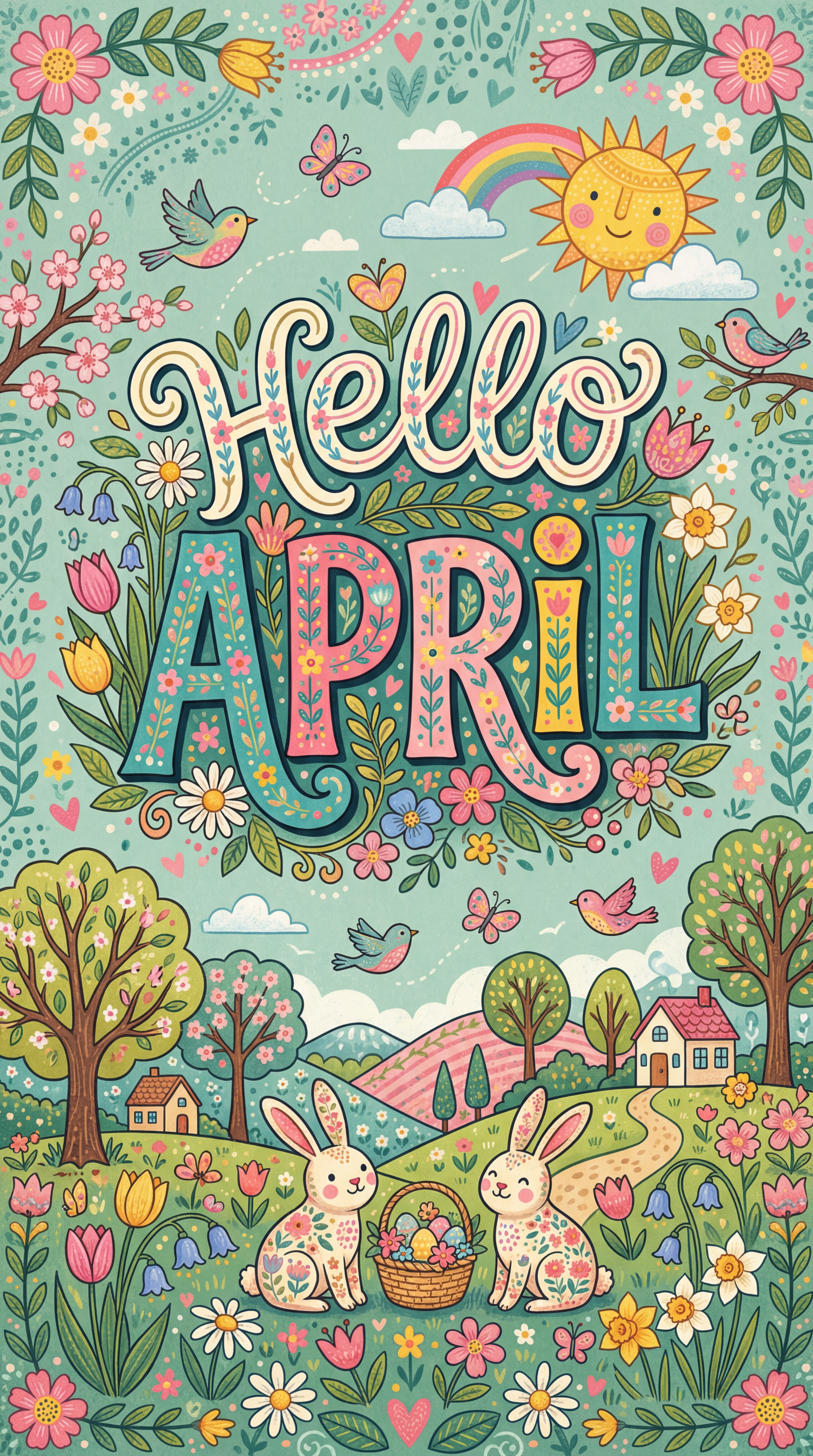 iPhone wallpaper with colorful hand-lettered Hello April surrounded by spring flowers, birds, a smiling sun and rainbow, two bunnies with an egg basket, rolling hills and cottages.