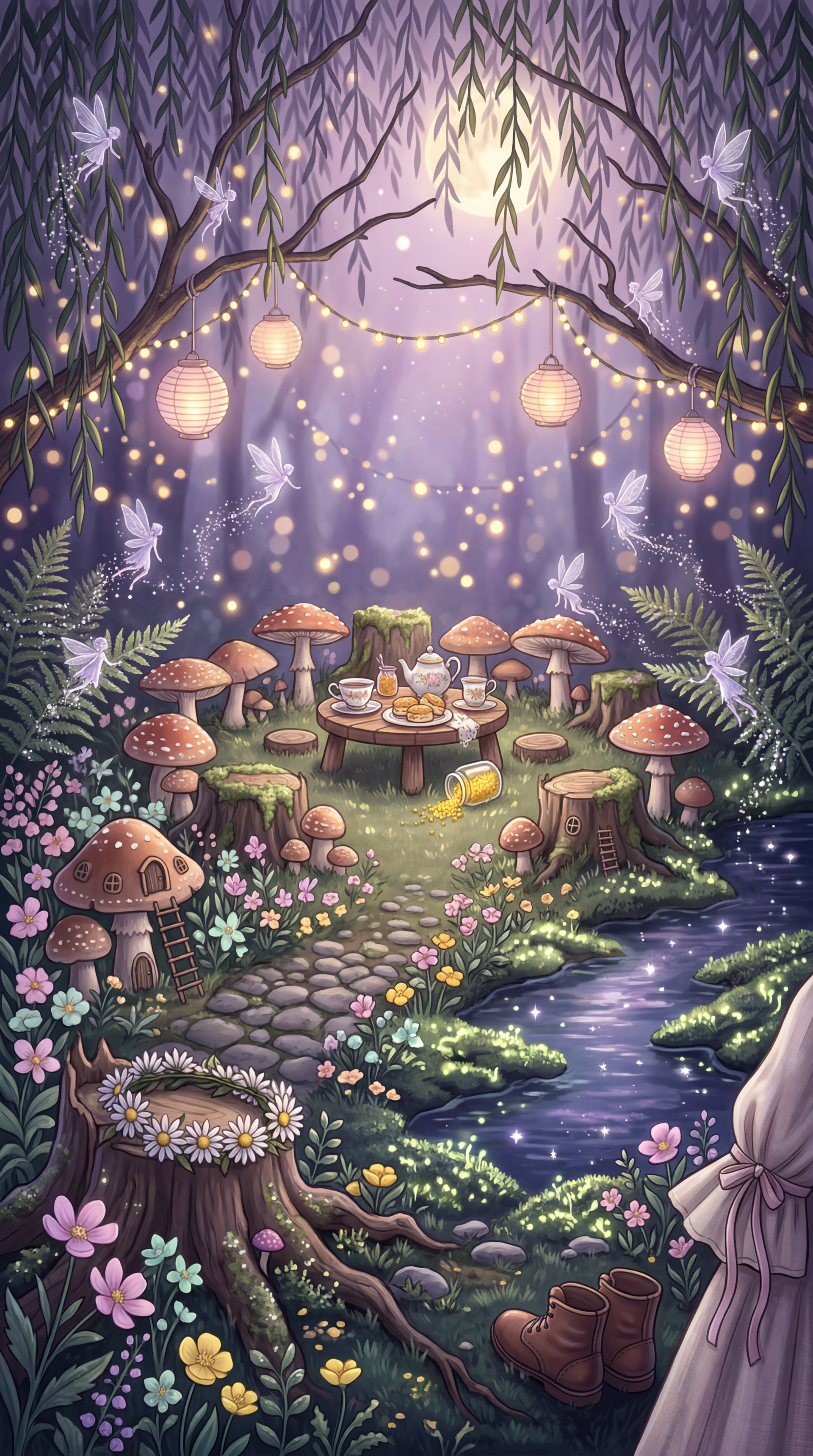 Fairycore iPhone wallpaper: moonlit forest tea party with glowing lanterns, mushrooms as seats, tiny fairies, a sparkling stream, wildflowers and boots by a tree stump — whimsical, pastel-lit scene.
