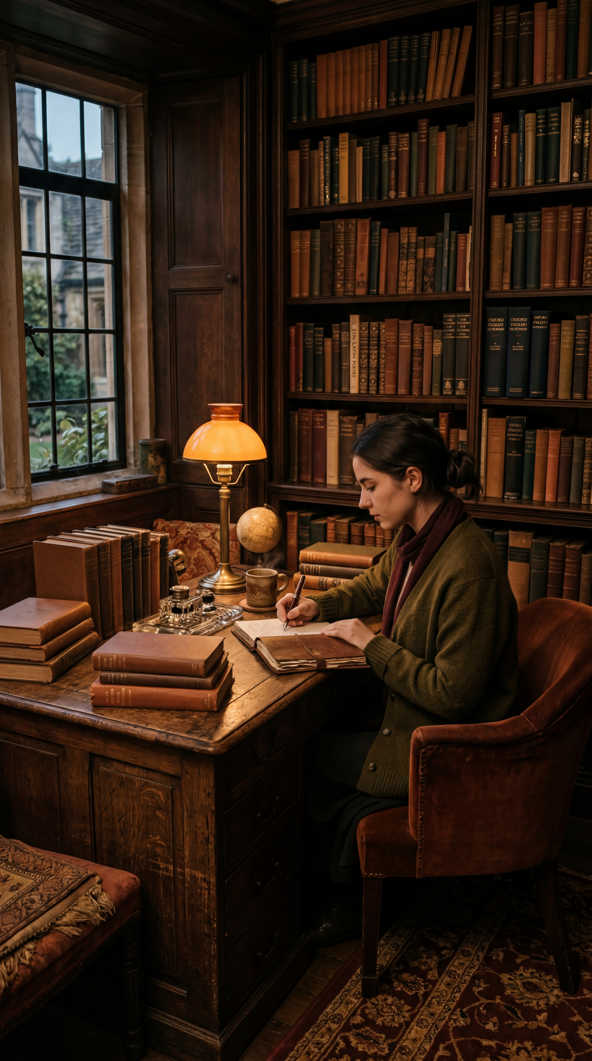 Dark academia iPhone wallpaper: dim wood-paneled library, woman writing at a desk by a brass lamp, globe and stacks of leather-bound books, window with stone view.