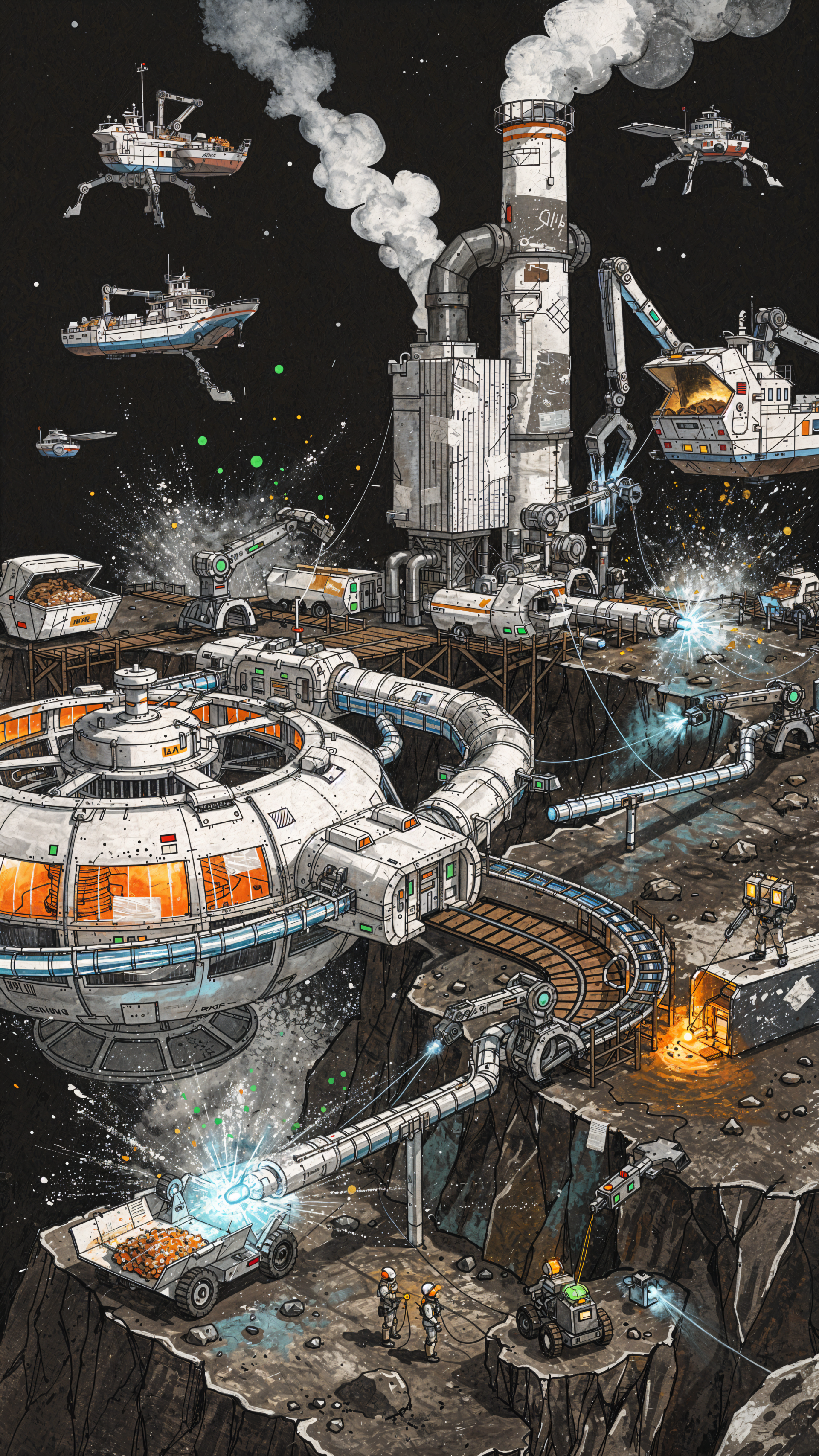 iPhone wallpaper of a bustling asteroid mining colony: domed habitats, smokestack towers, conveyor systems, digging vehicles and hovering ships extracting ore on a cratered space rock.