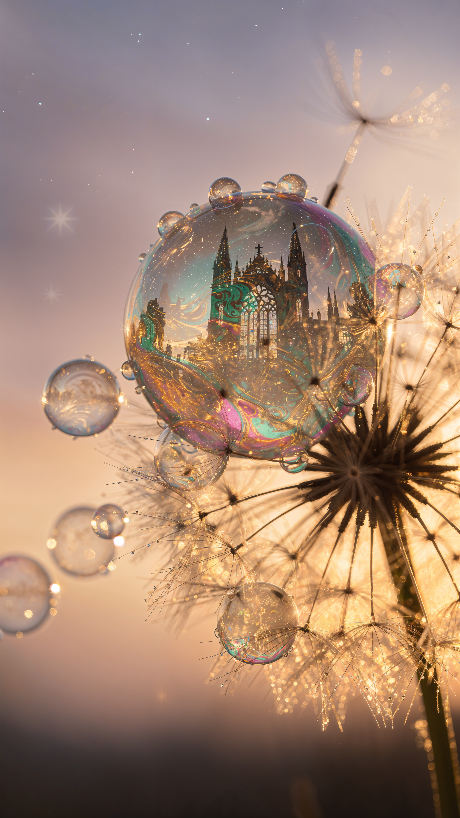 Iridescent iPhone wallpaper: a shimmering soap bubble hovering among dandelion seeds, reflecting a tiny Gothic cathedral at sunset.