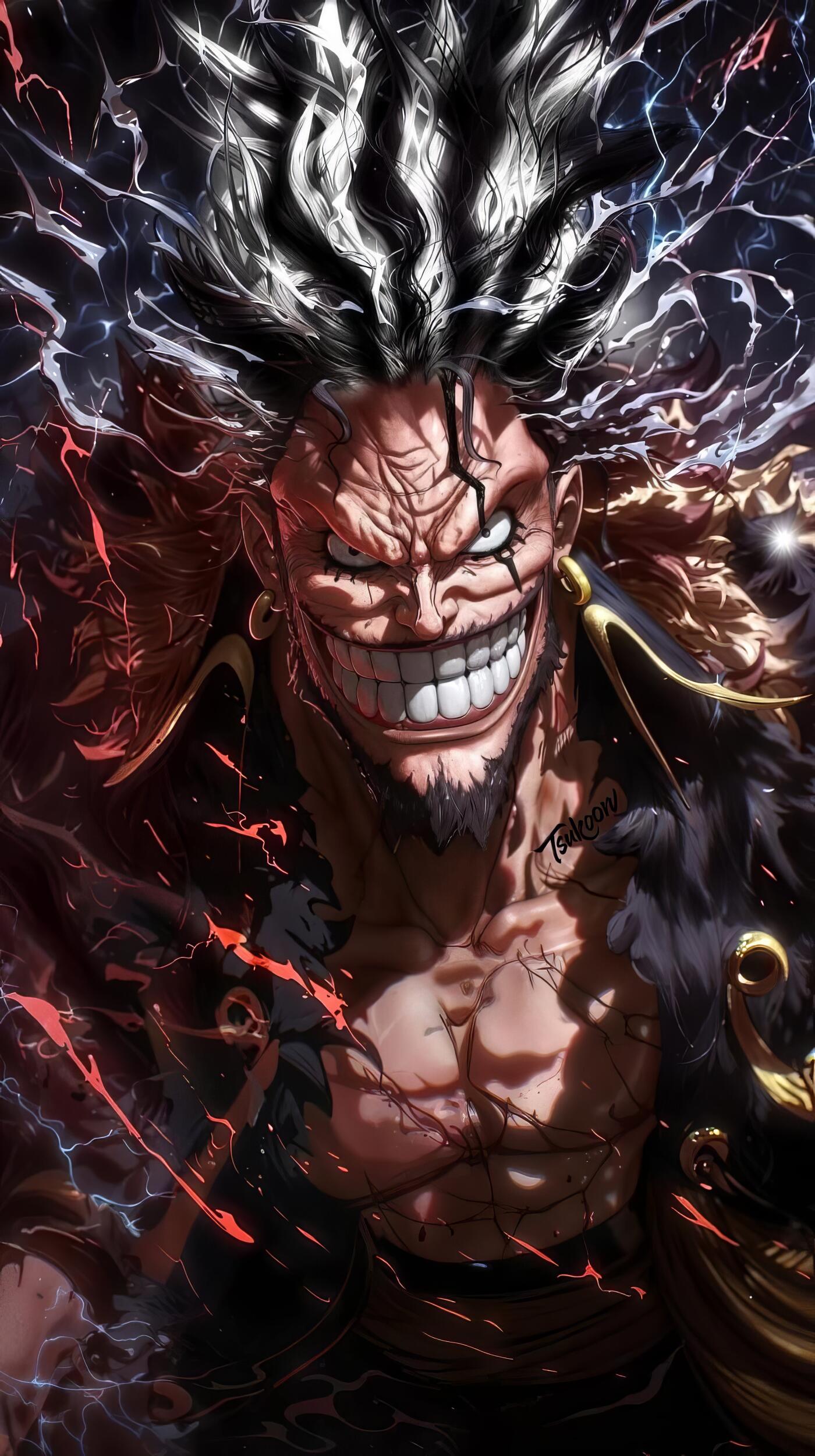 Anime phone wallpaper of One Piece's Rocks D. Xebec: menacing grin, wild black-and-white hair, exposed muscular chest, crackling dark energy and tattered coat.