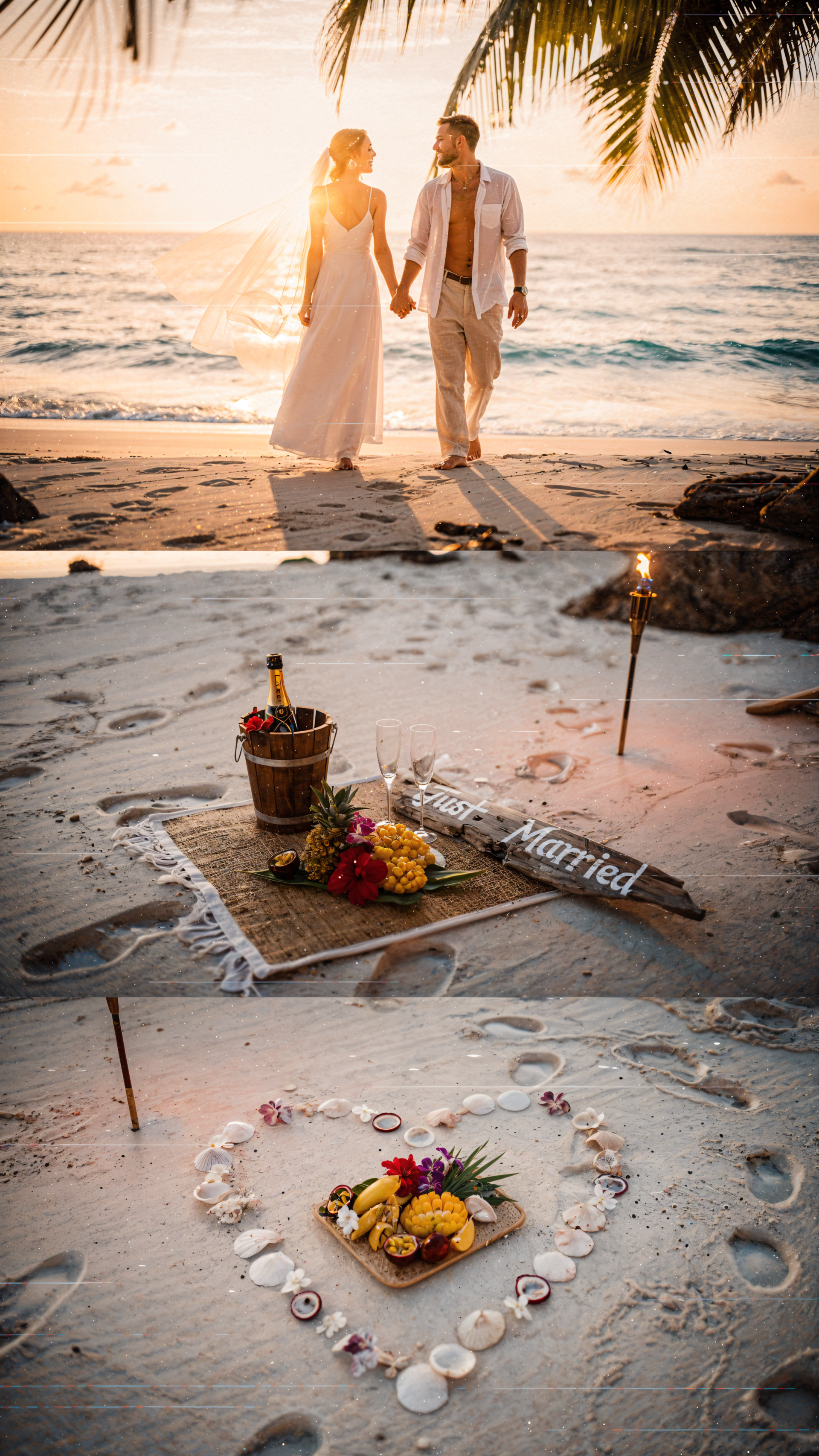 iPhone wallpaper: honeymoon couple walking at sunset on a beach, with a Just Married picnic setup and a heart of shells arranged on the sand.