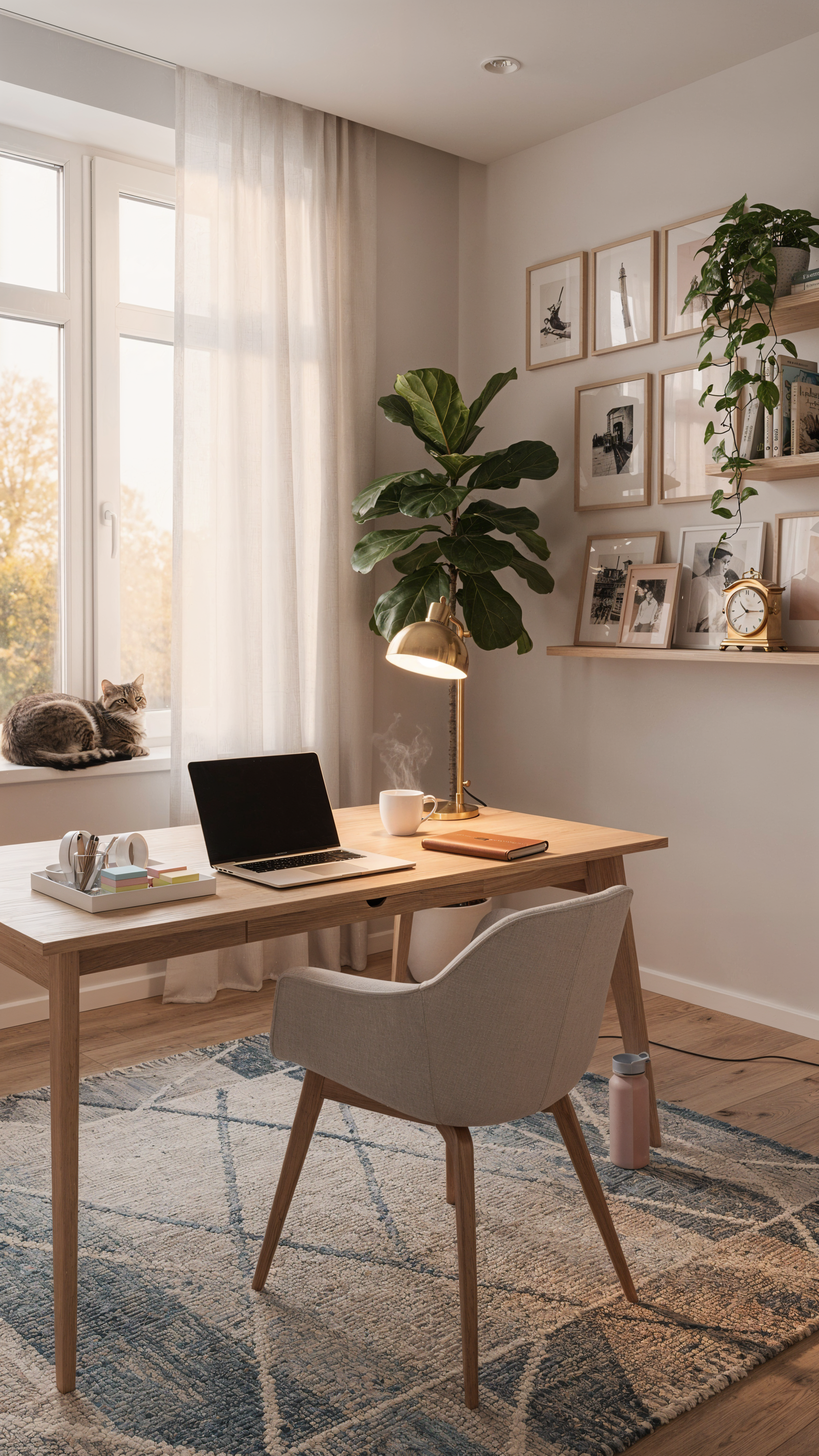 iPhone wallpaper of a sunlit home office: wooden desk with laptop and mug, modern chair, leafy plant, gallery wall and a cat curled on the windowsill.