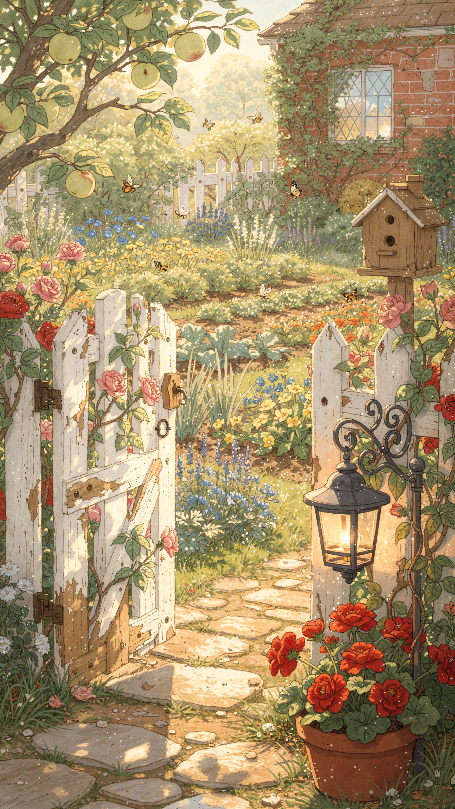 iPhone wallpaper: sunlit cottage garden with an open garden fence gate, stone path, birdhouse and blooming roses.