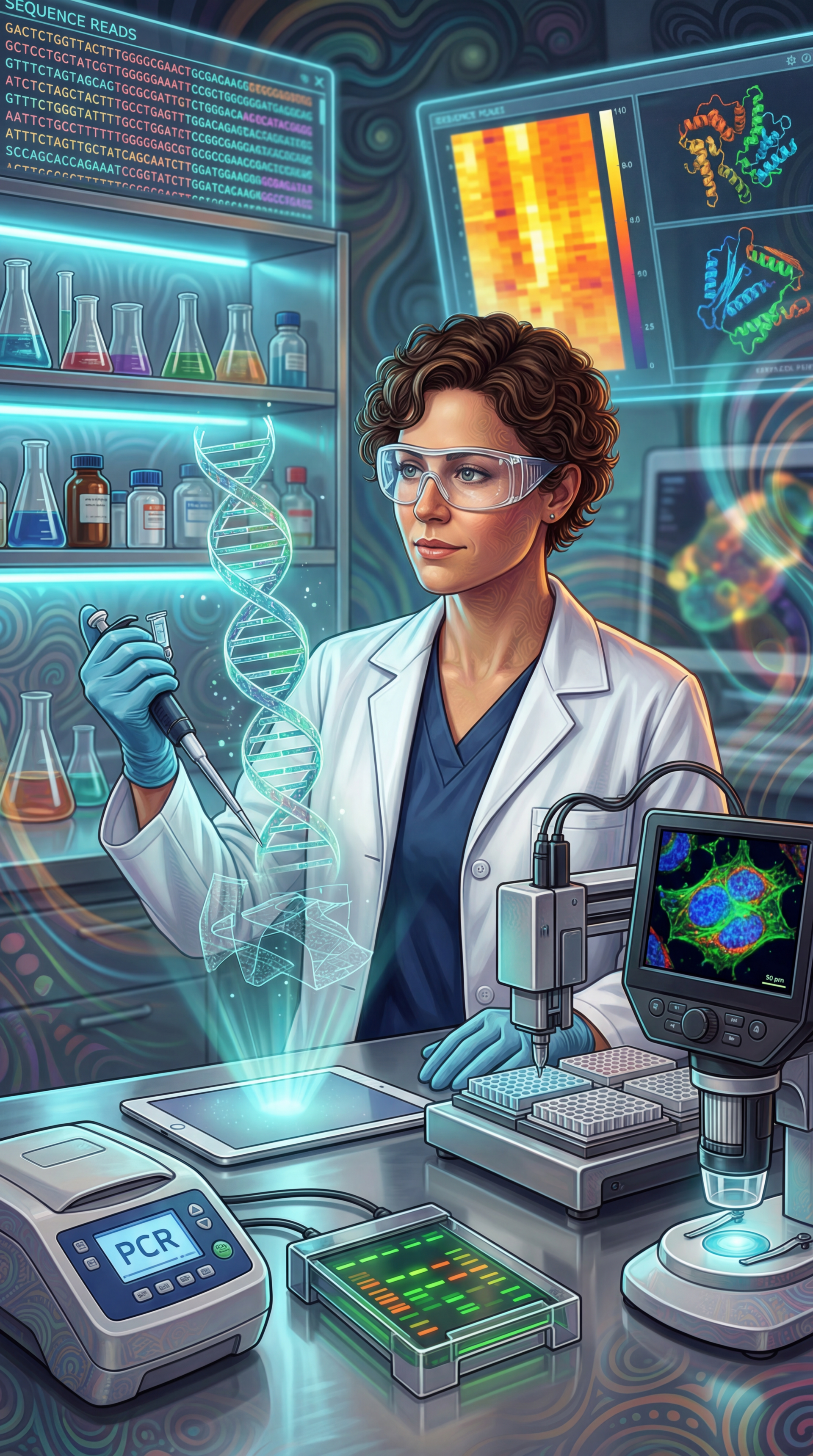 iPhone wallpaper of a geneticist in a lab coat and goggles pipetting beside PCR gear and microscope, with a holographic DNA helix and colorful sequencing data on monitors.