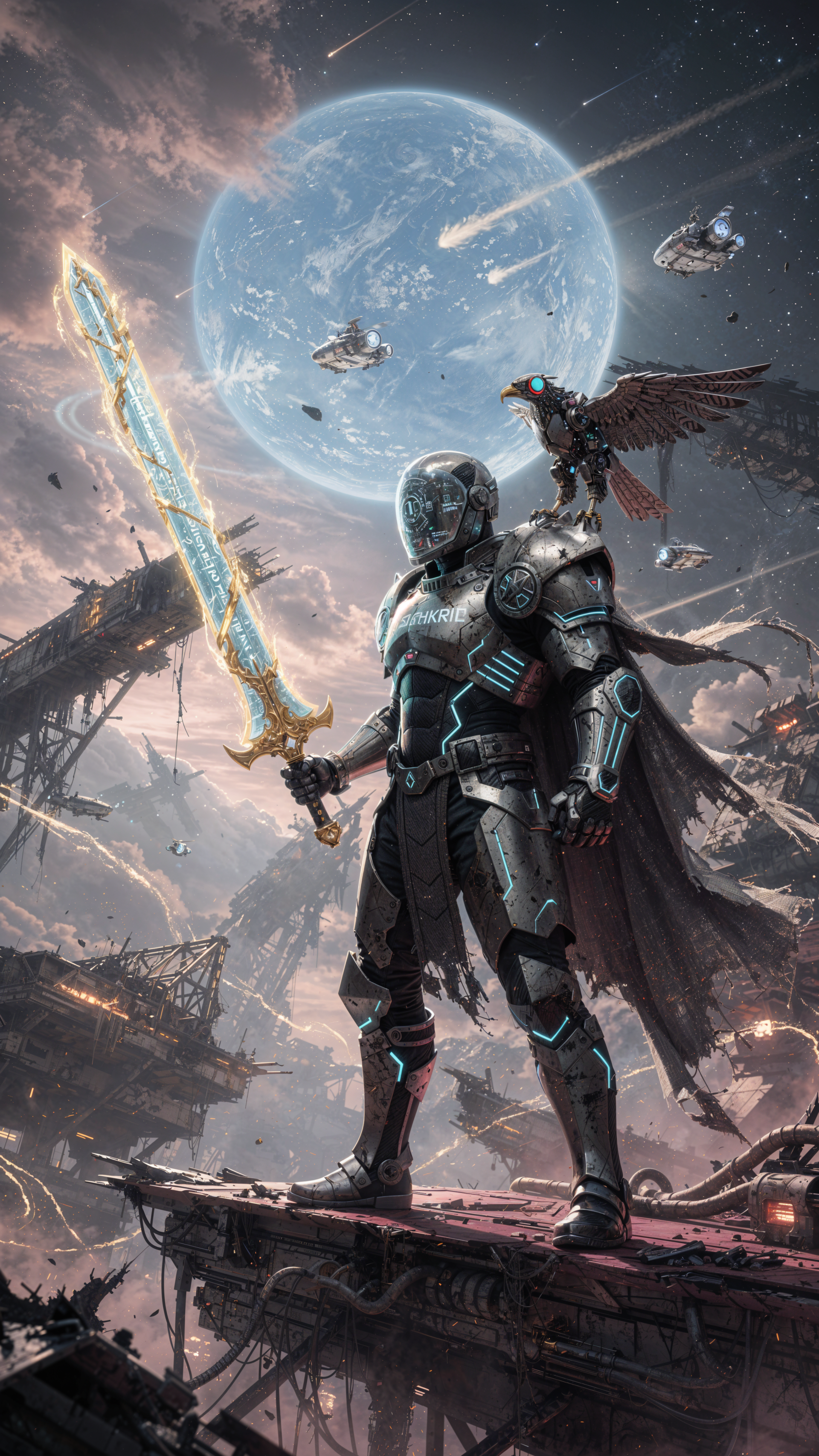 iPhone wallpaper: a space knight in glowing armor grips a luminous sword on a ruined platform, a mechanical hawk perched on his shoulder, with a blue planet and starships overhead.