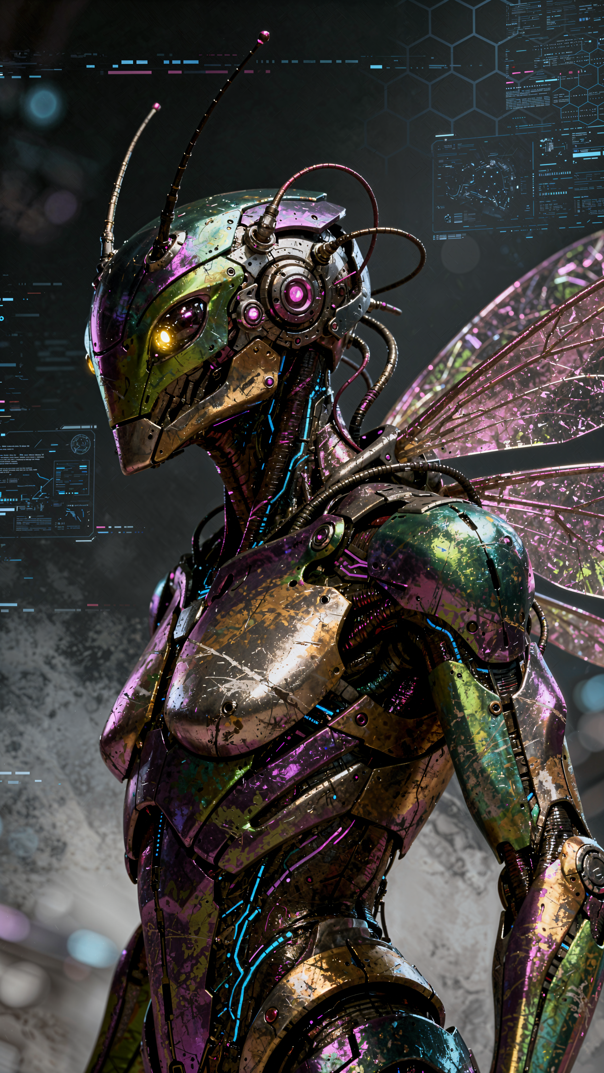 Synthoid insectoid android with iridescent metallic armor, glowing eyes and delicate mechanical wings — stylized phone/iPhone wallpaper.