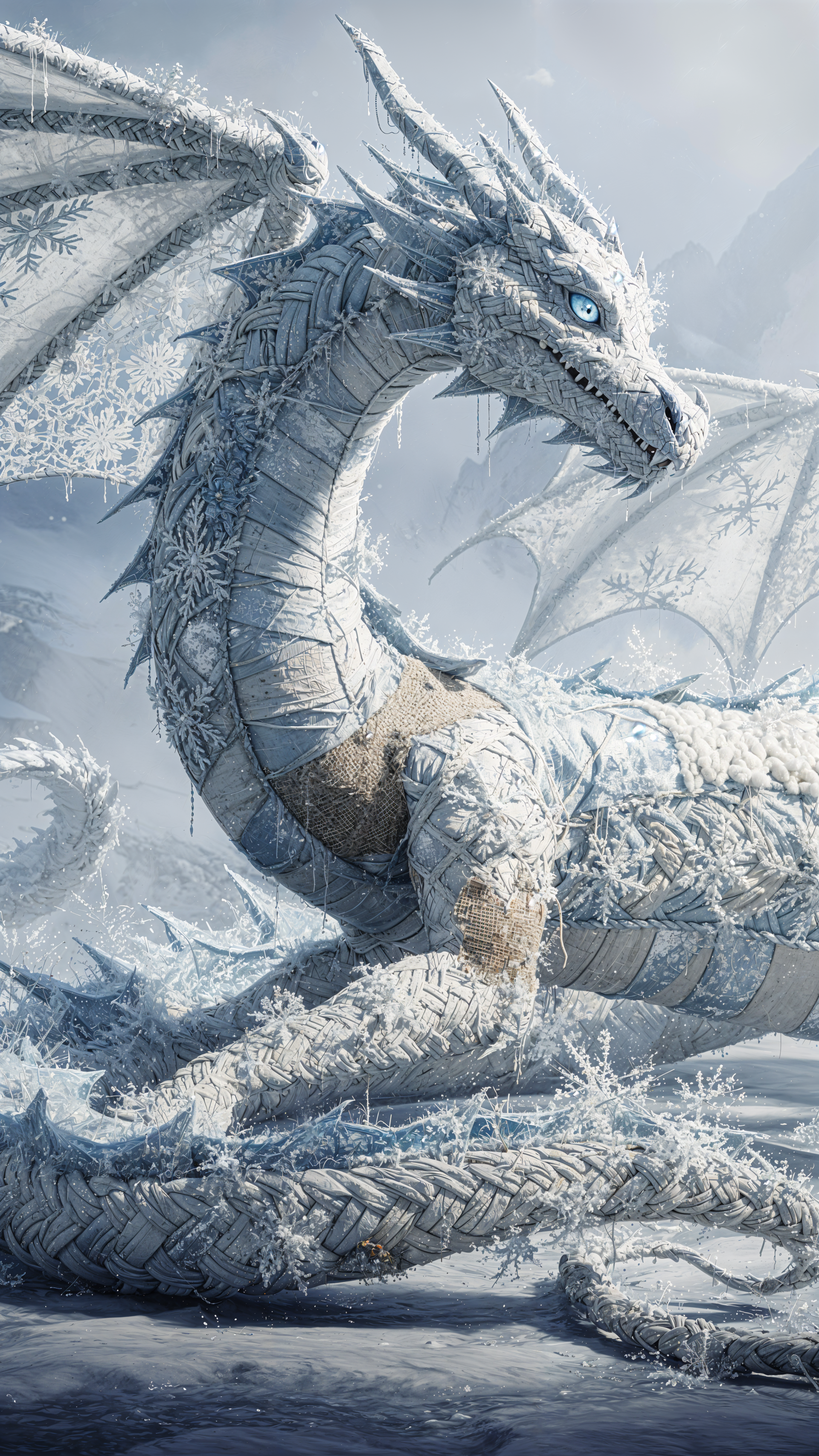 iPhone wallpaper showing a majestic ice dragon curled on snowy ground, crystalline scales and piercing blue eye against a misty, frost-covered mountain backdrop.