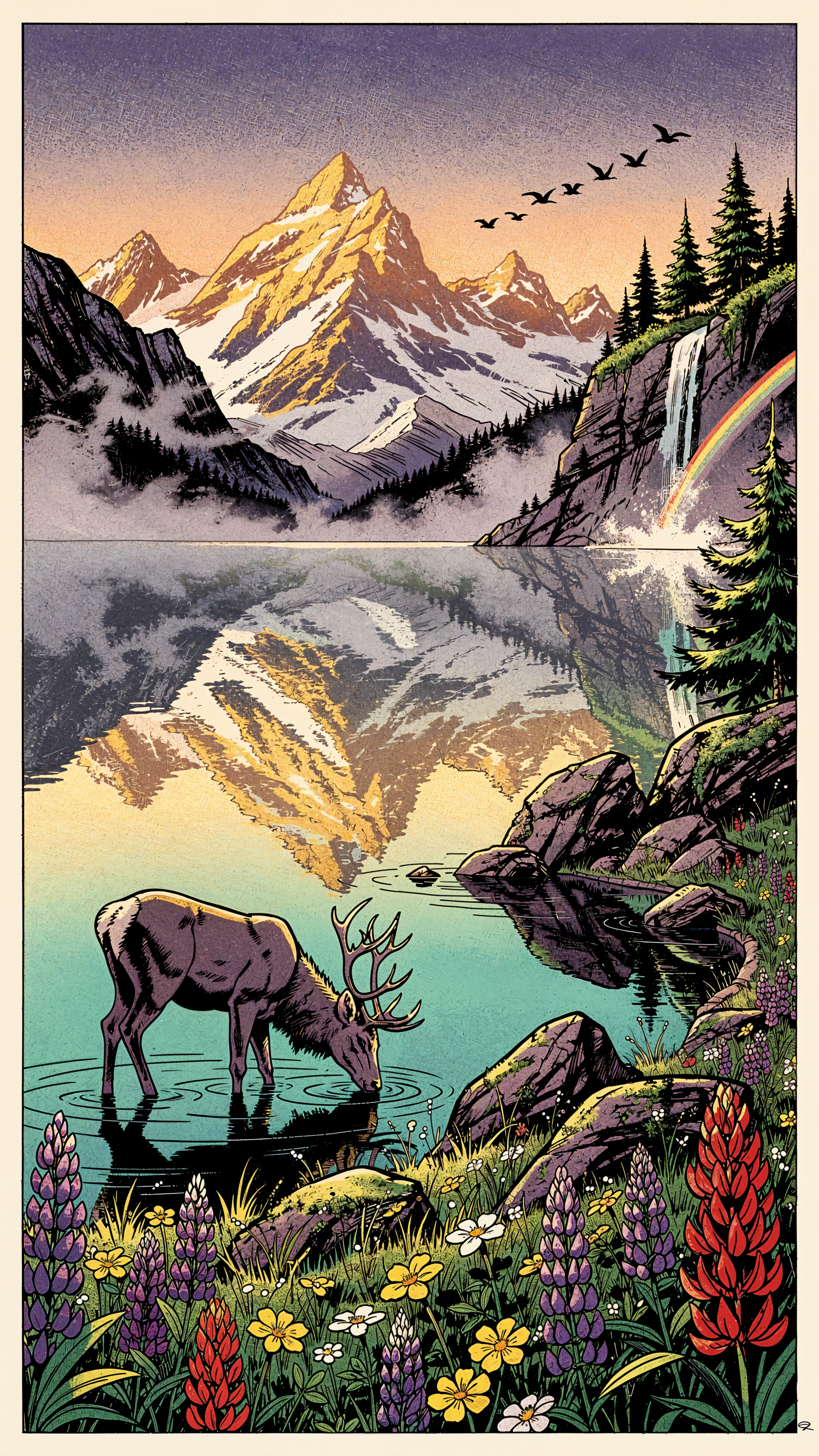 iPhone wallpaper: stylized nature — deer drinking from a mirrored mountain lake, wildflowers in the foreground, waterfall with rainbow and birds in a pastel sky.