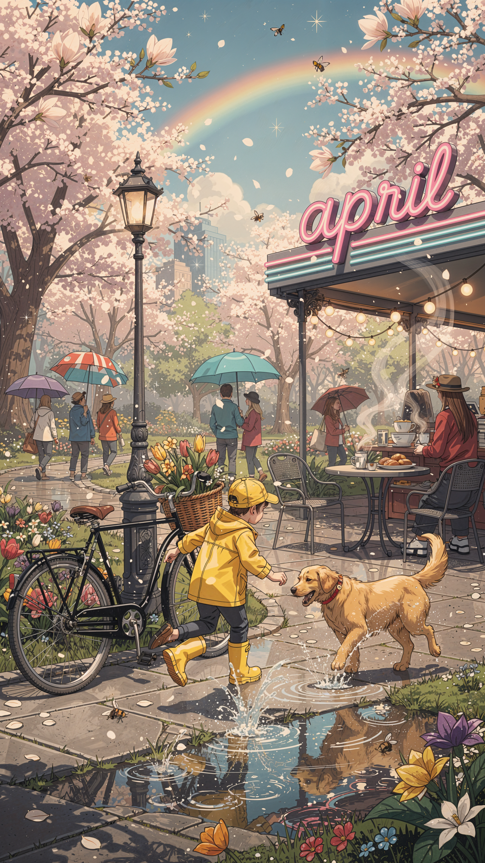iPhone wallpaper — April: cherry blossoms, rainbow and neon april sign; child in a yellow raincoat splashing with a dog by a café, umbrellas, bicycles and blooming spring flowers.