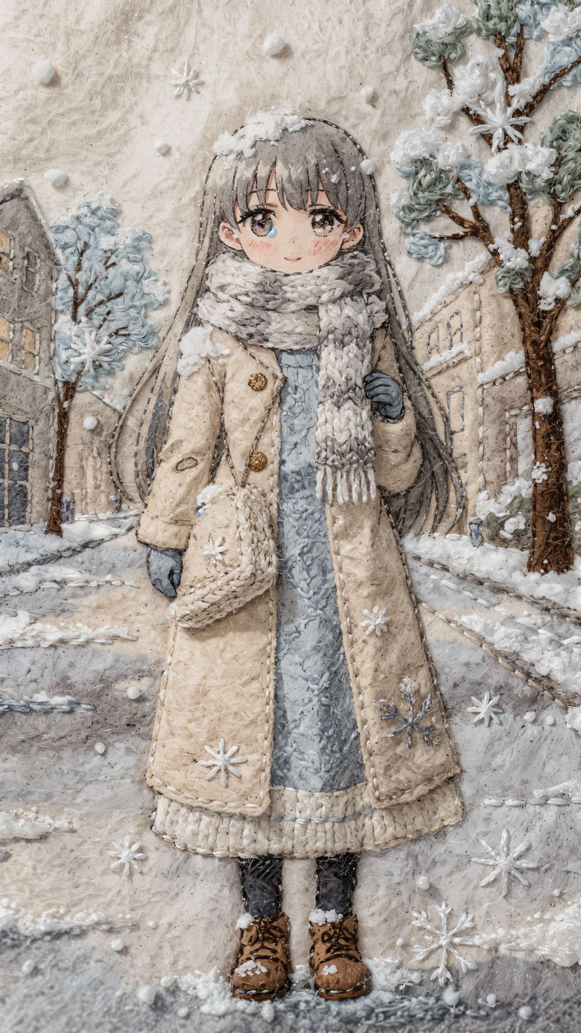 Winter anime iPhone wallpaper: soft, stitched-style illustration of a girl in a long coat and scarf standing on a snowy street with trees and falling snow.